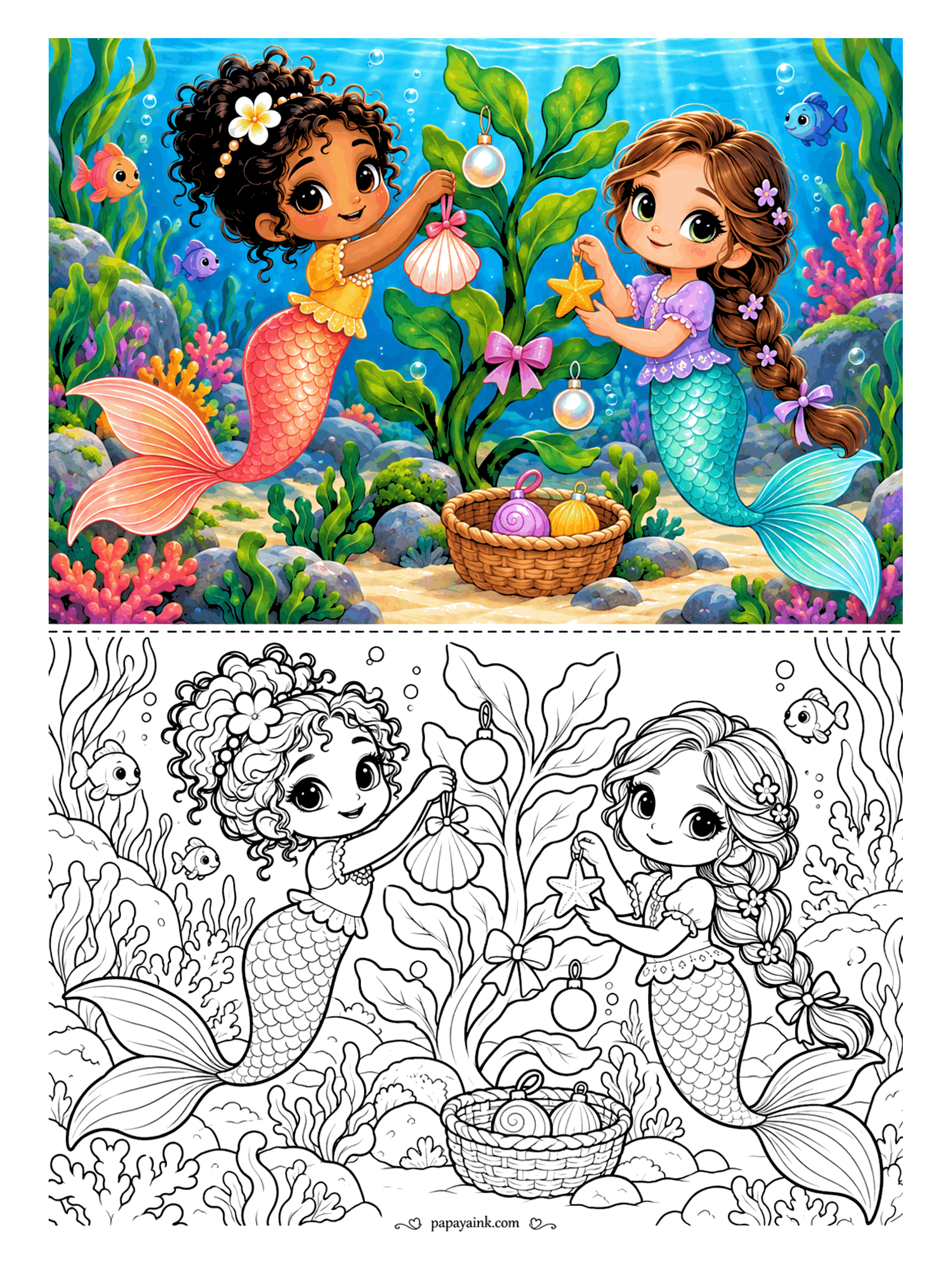 Kawaii Mermaid Coloring Pages - Decorating day: a tall seaweed stalk gets the full holiday treatment, with pearl baubles, a scallop on a ribbon and a starfish going up next. More ornaments wait in the basket, and a few small fish drop by to inspect the work. Detailed.