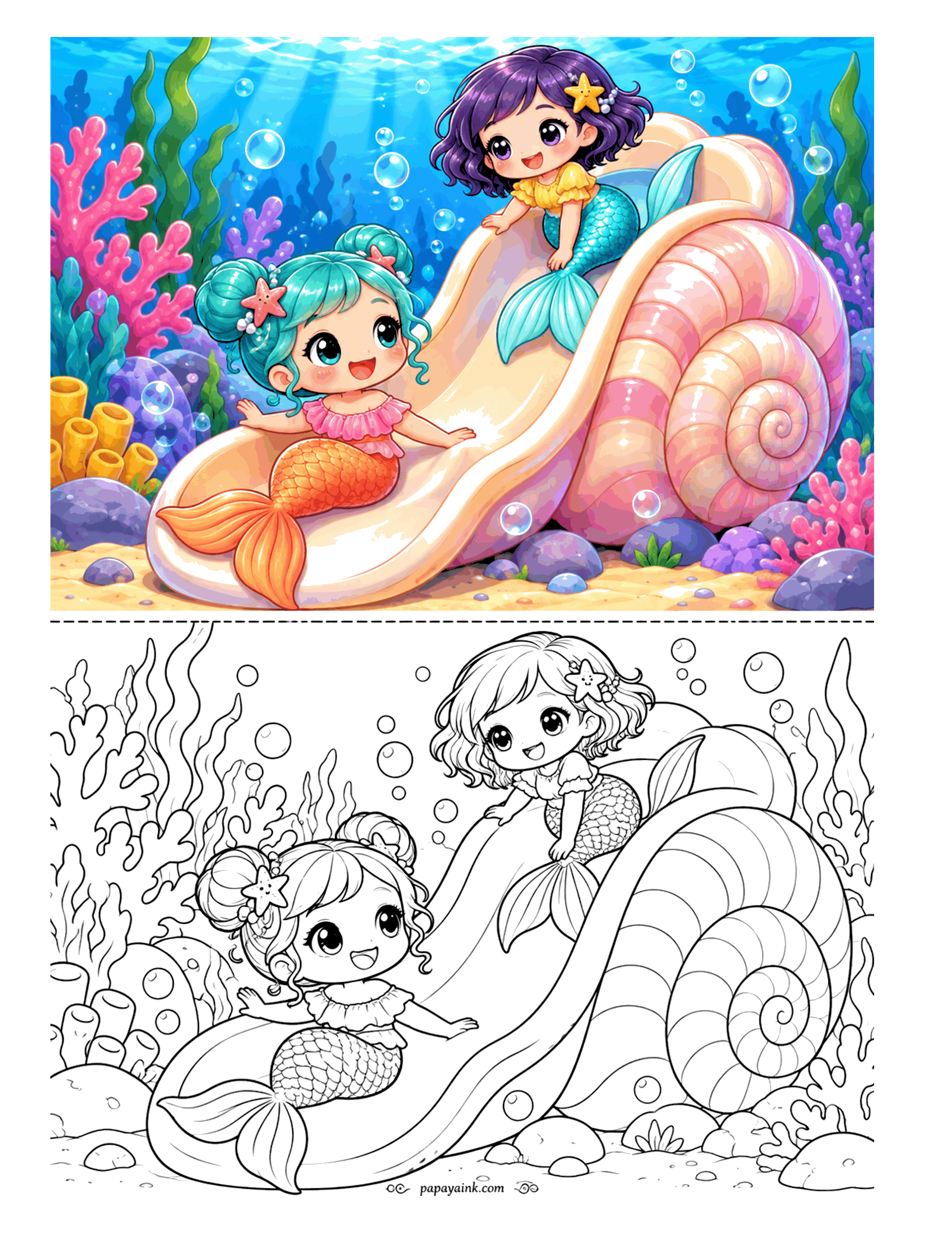 Kawaii Mermaid Coloring Pages - Playgrounds down here are built from spiral shells. The first mermaid is already whooshing down with her arms out; the second waits at the top for her turn.