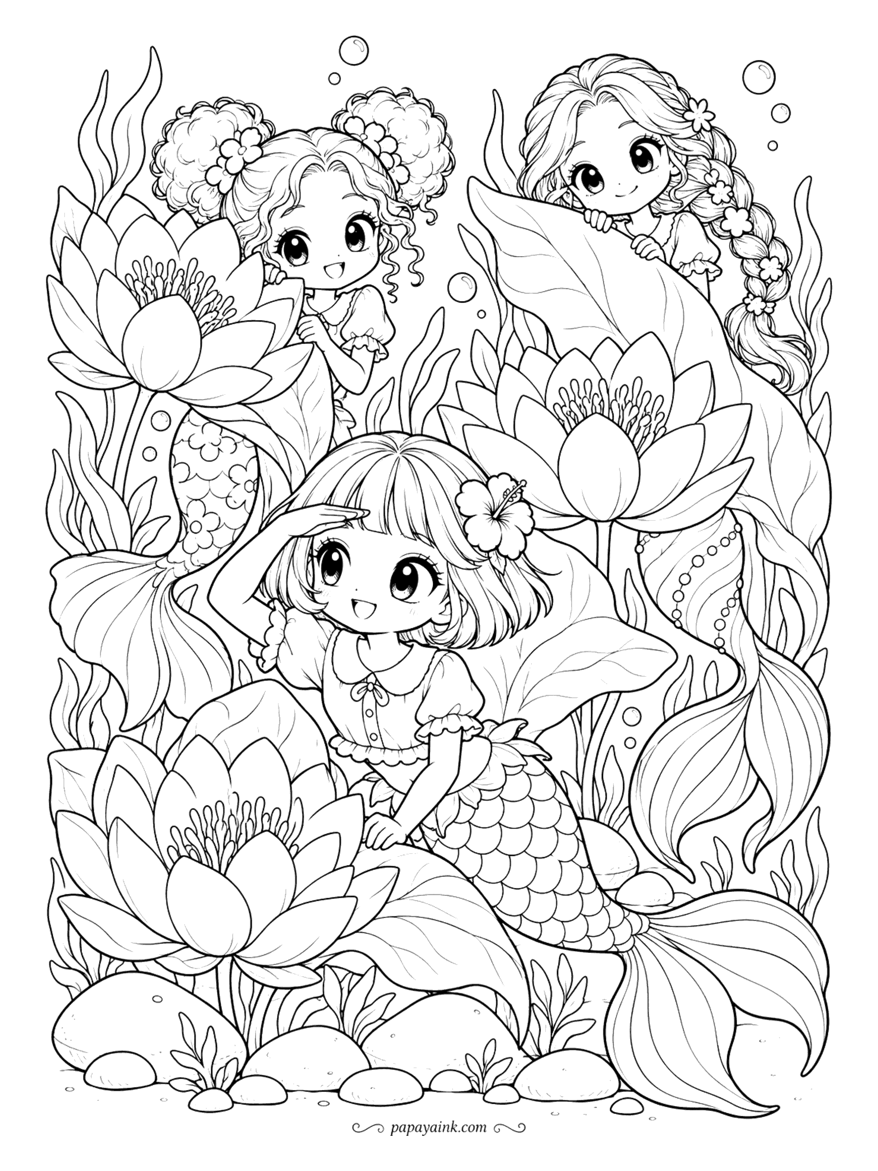 Kawaii Mermaid Coloring Pages - Hide-and-seek among giant water lilies. The seeker shades her eyes and looks the wrong way while her friends peek out from behind a flower and a leaf. Detailed - big petals, long tails and a different hairstyle on each mermaid.