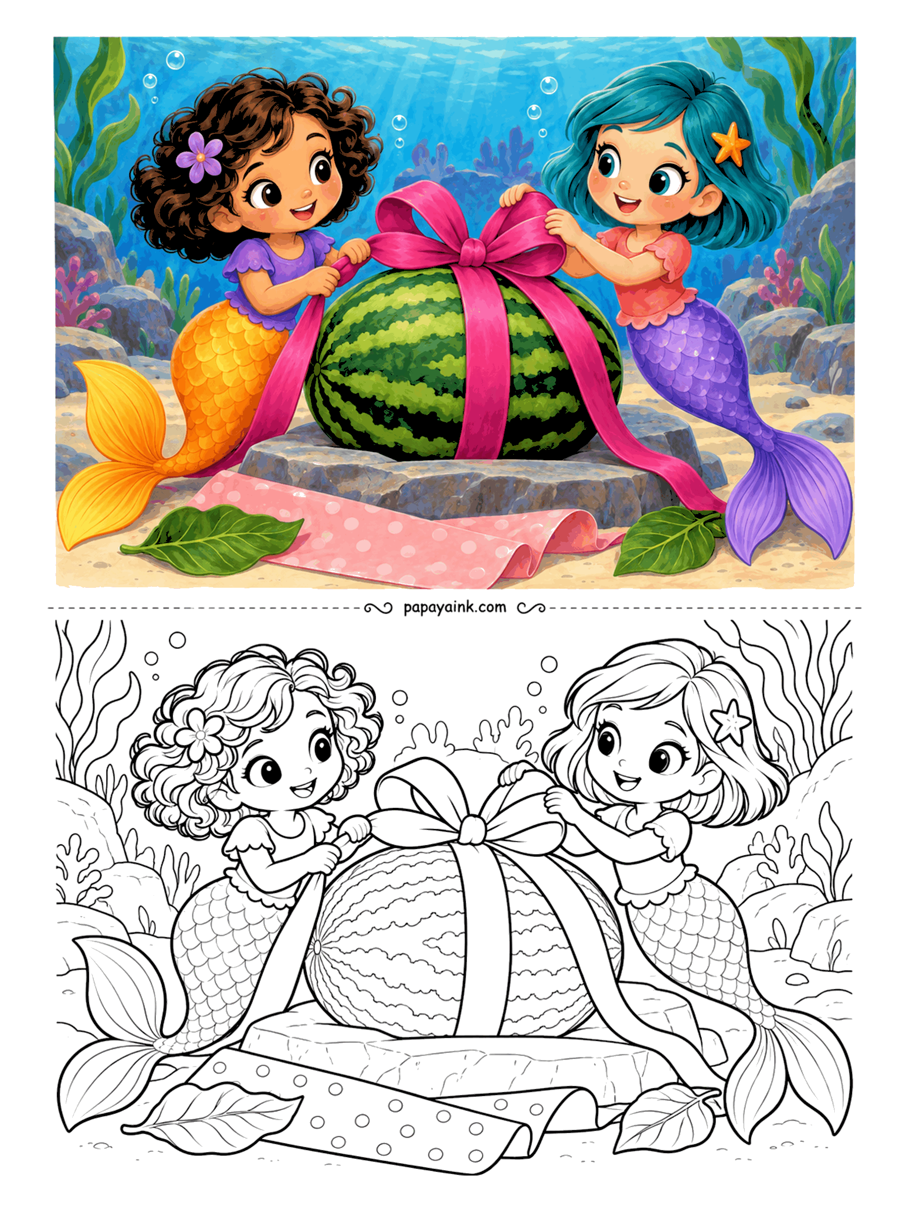Kawaii Mermaid Coloring Pages - Gift wrapping for a watermelon takes two: one pulls the ribbon tight, the other fluffs the bow. Polka-dot paper lies ready on the sand, though the stripes look too good to cover.