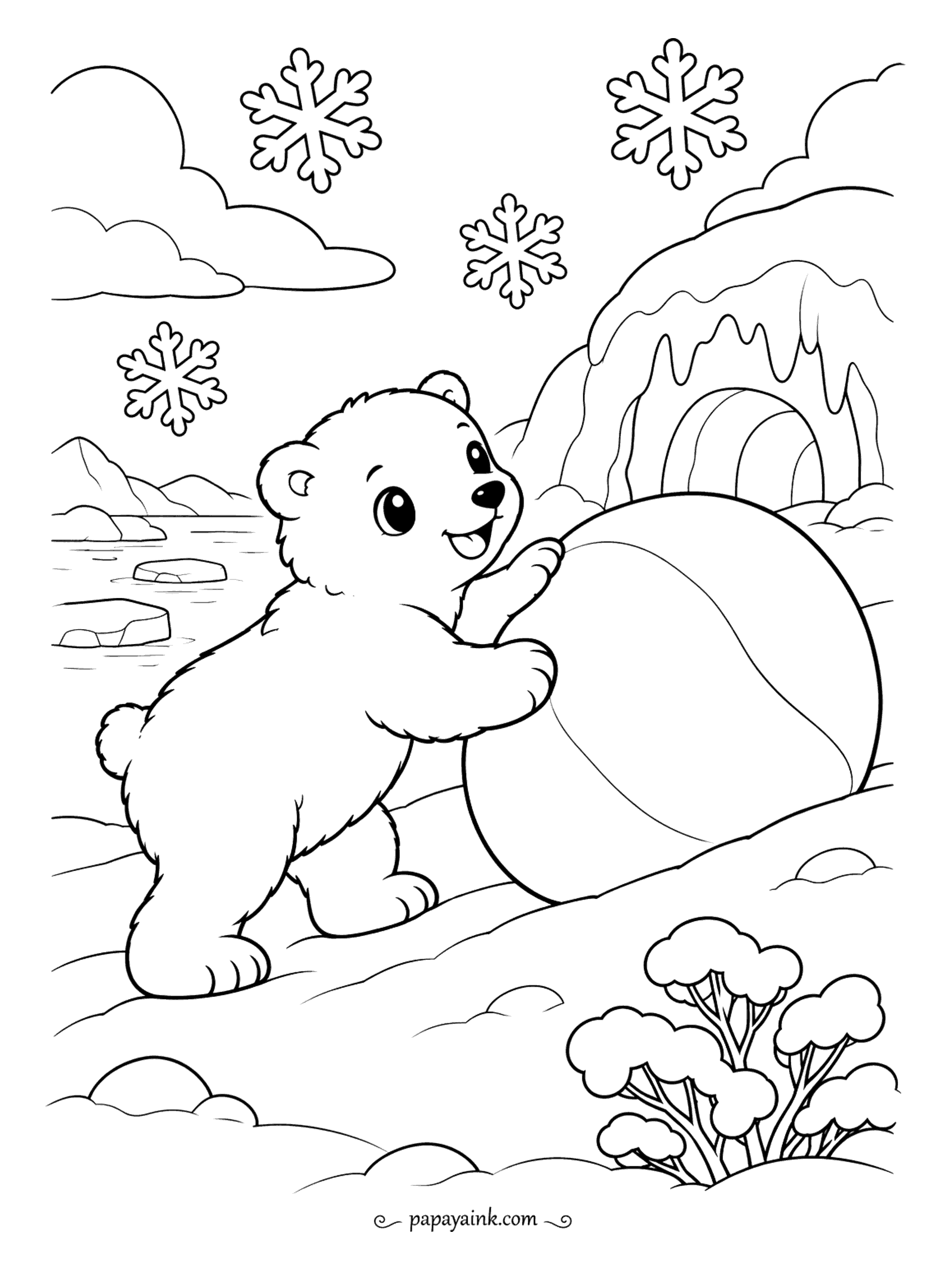 Polar Bear Coloring Pages - This cub is pushing a snowball bigger than itself uphill toward an ice cave, under a sky of oversized snowflakes. Big open shapes and a smile that is impossible to get wrong - the easiest page in the set.