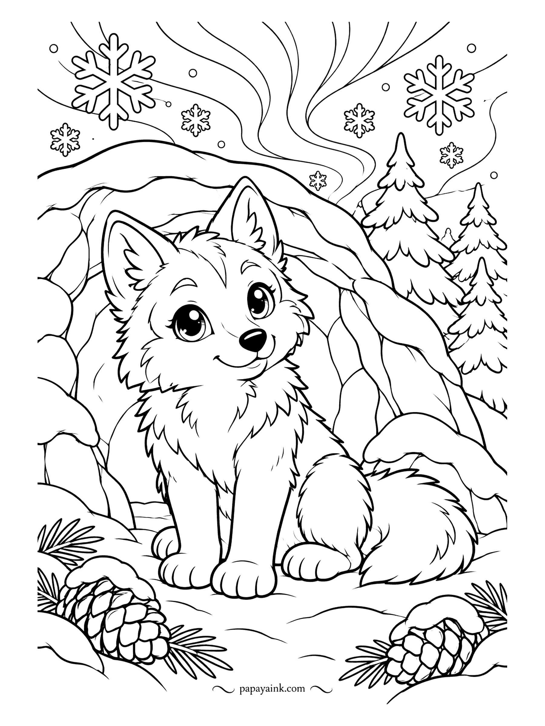 Wolf Coloring Pages - Snug inside a snow den, a wolf pup with oversized eyes watches snowflakes drift past the entrance. Big open shapes and a couple of pine cones make this a quick page; soft blue and white suit it.