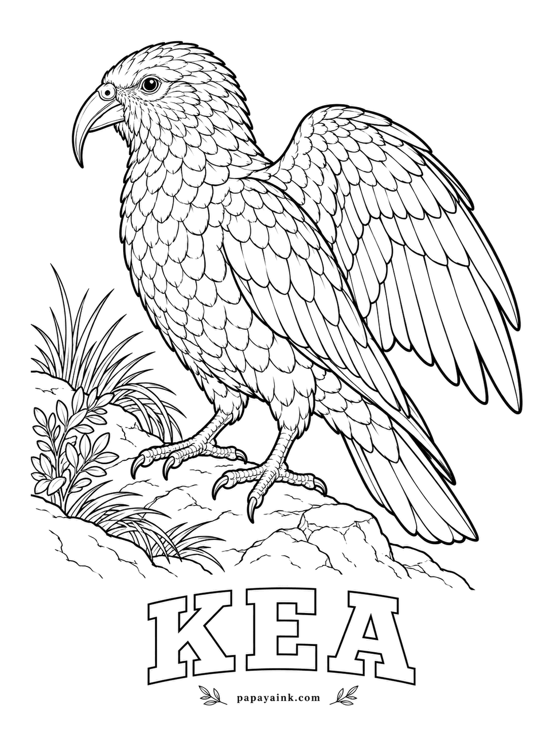 Realistic Bird Coloring Pages - Kea are the mountain parrots of New Zealand and famous vandals, prying rubber off windshield wipers and unzipping backpacks for fun. Olive green with black edging on every feather, until it lifts a wing and shows a flash of orange-red underneath.