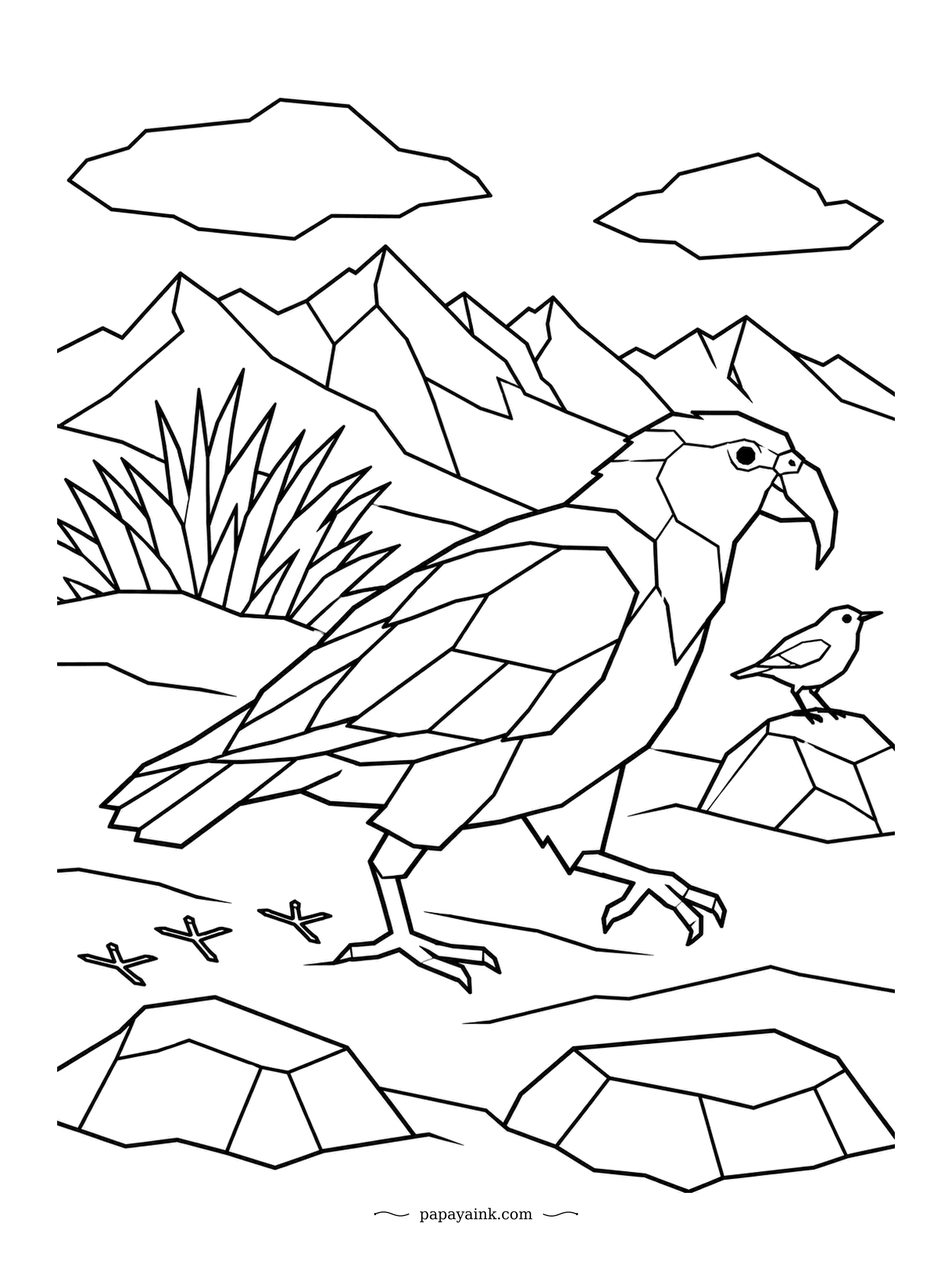 Parrot Coloring Pages - The kea is the world's only alpine parrot, at home in the snow of New Zealand's mountains. Its footprints trail behind it, and a tiny bird on a rock keeps a careful distance from that hooked beak. Angular mountains and clean planes.