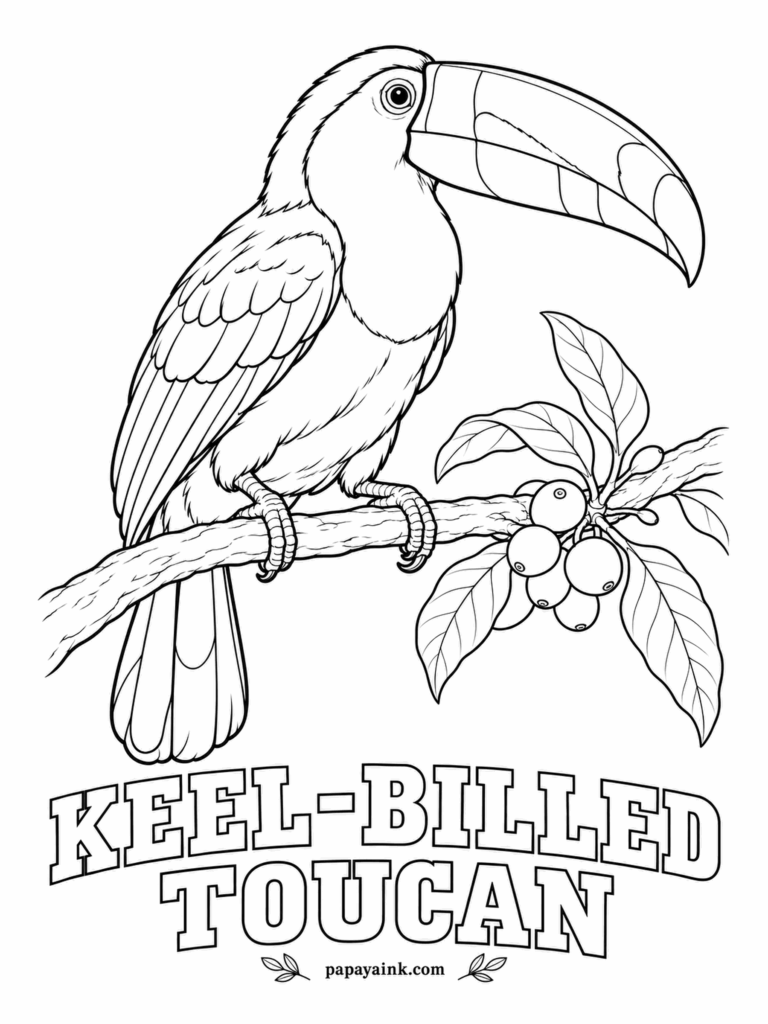 Realistic Bird Coloring Pages - The keel-billed toucan, national bird of Belize, picks berries with a bill that looks heavy and weighs almost nothing, thanks to a light honeycomb inside. Paint it lime green, sky blue and orange with a red tip; jet black body, lemon-yellow bib.