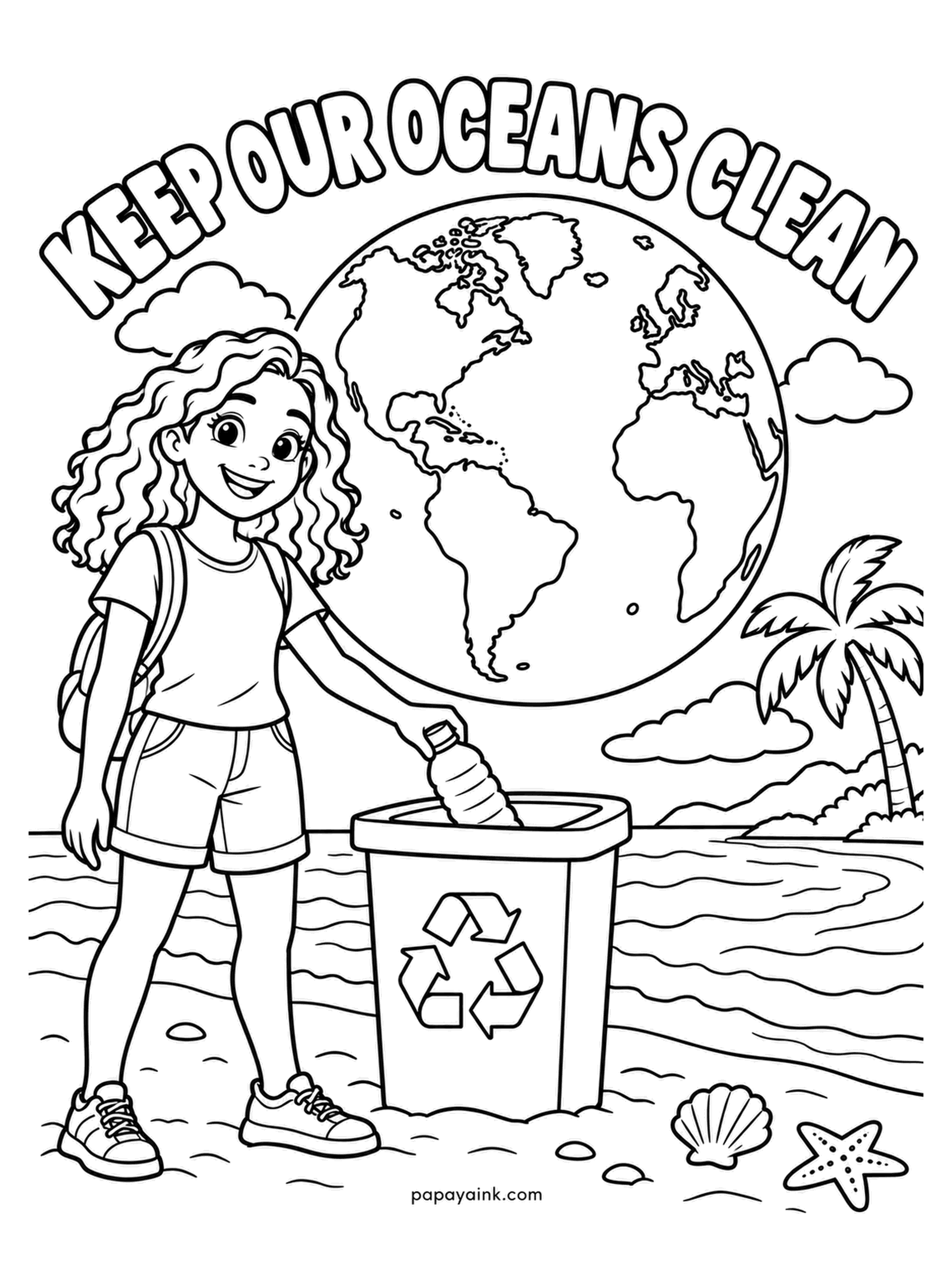 Earth Coloring Pages - Beach cleanup in progress: a girl with a backpack drops a plastic bottle into a recycling bin, with a palm, a shell and a starfish nearby and the planet over the water. The sea behind her is calm and easy - darker at the horizon.