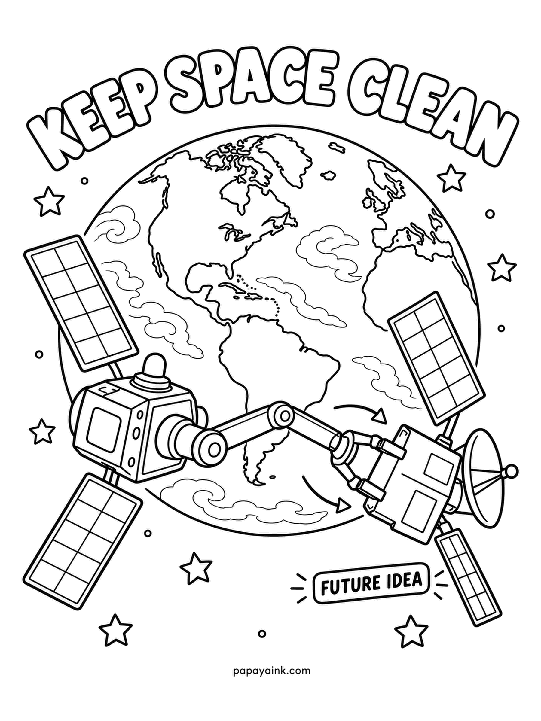 Earth Coloring Pages - One satellite reaches out with a robotic arm to catch a dead one before it becomes drifting junk - labeled a future idea, since cleanup craft are still being tested. Orbit is getting crowded. Metallic grays for both machines, solar wings in dark blue.