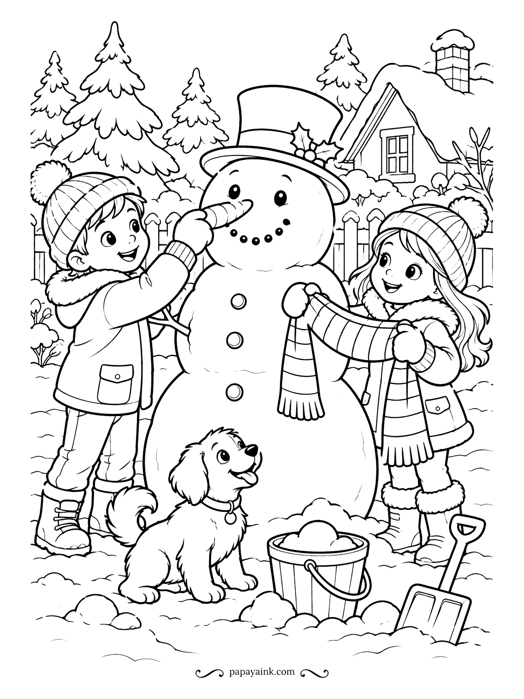 Free Printable Winter Coloring Pages - Carrot going in, scarf going on, and a puppy convinced the bucket of snow is for him. The snowman wears a top hat with a sprig of holly, and a cottage chimney smokes beyond the fence. Scarf and hats in one family of colors.