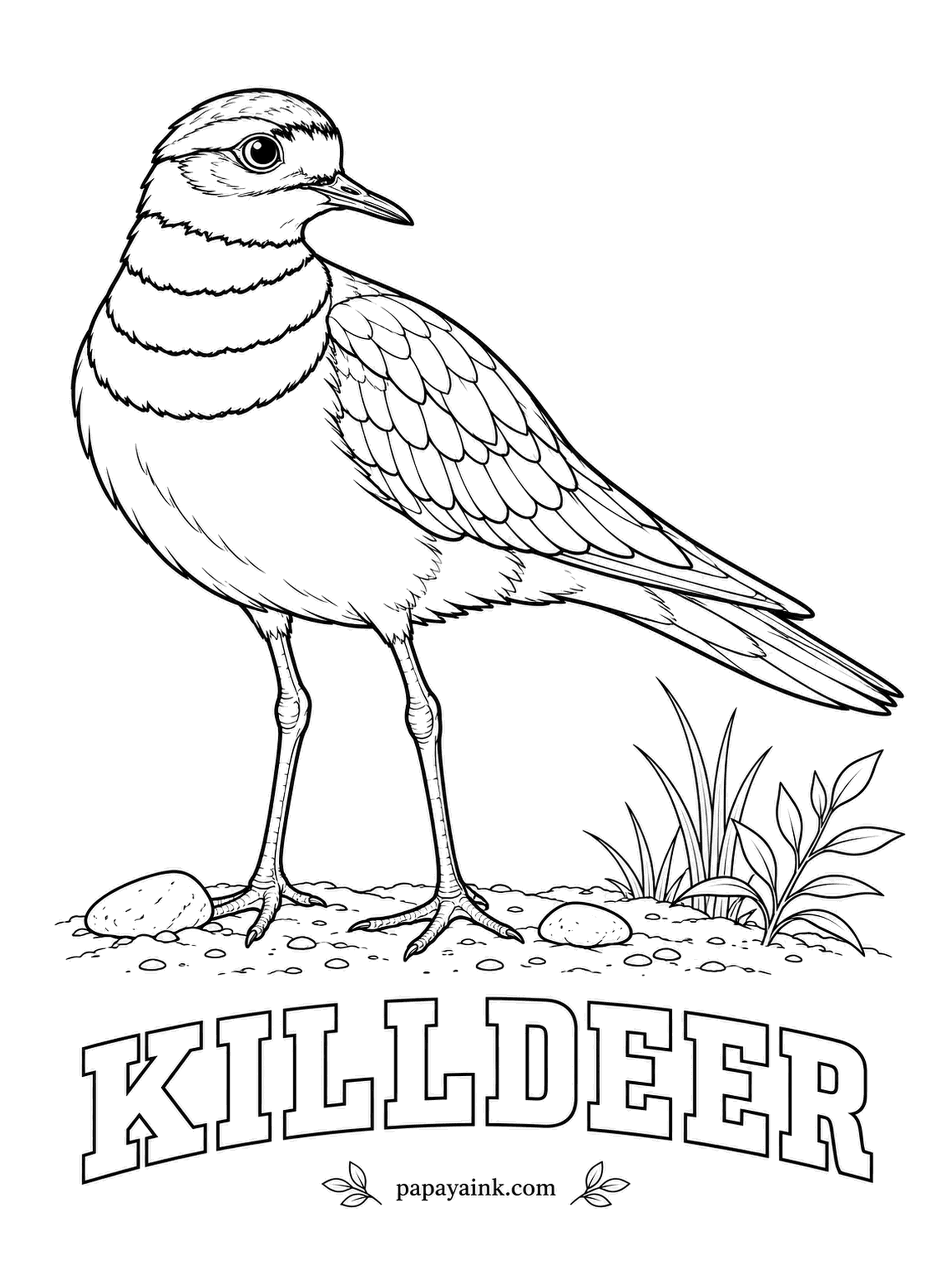 Printable Bird Coloring Pages - Come too close to the nest and a Killdeer limps away dragging one wing as if it were broken, leading you off; then it flies. Named for its call, kill-deer. Brown back, white front, two black bands across the chest, a red eye ring.