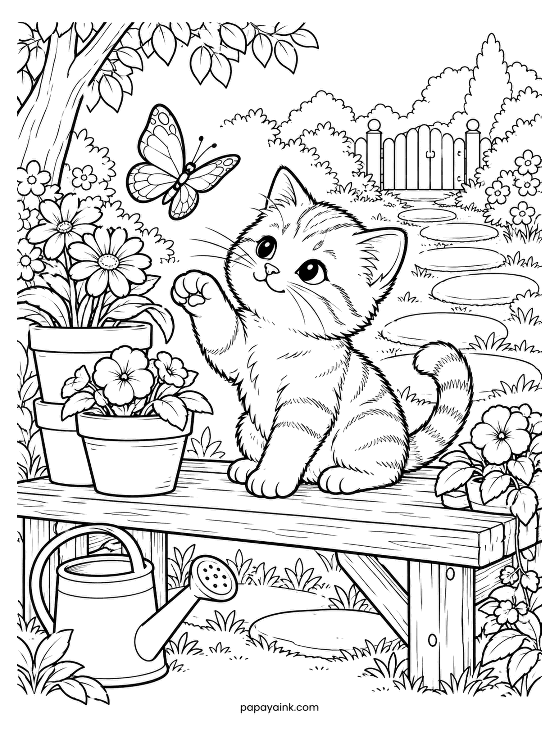 Baby Animal Coloring Pages - Garden bench, flower pots, a watering can - and a tabby kitten with one paw up and its eye on a butterfly. Orange with a snowy chest, or silver with darker stripes; both read well here.
