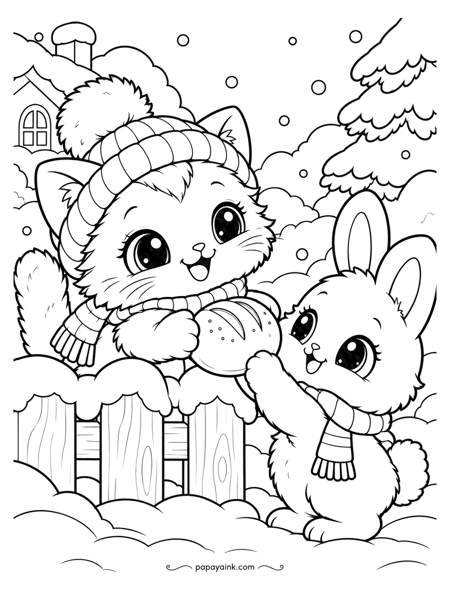 Kawaii Winter Coloring Pages - Over the fence comes a warm bread roll, kitten to bunny, no words needed. This is how neighbors work in winter. Toast the roll in golden brown and give the fence a light wood grain. Detailed.