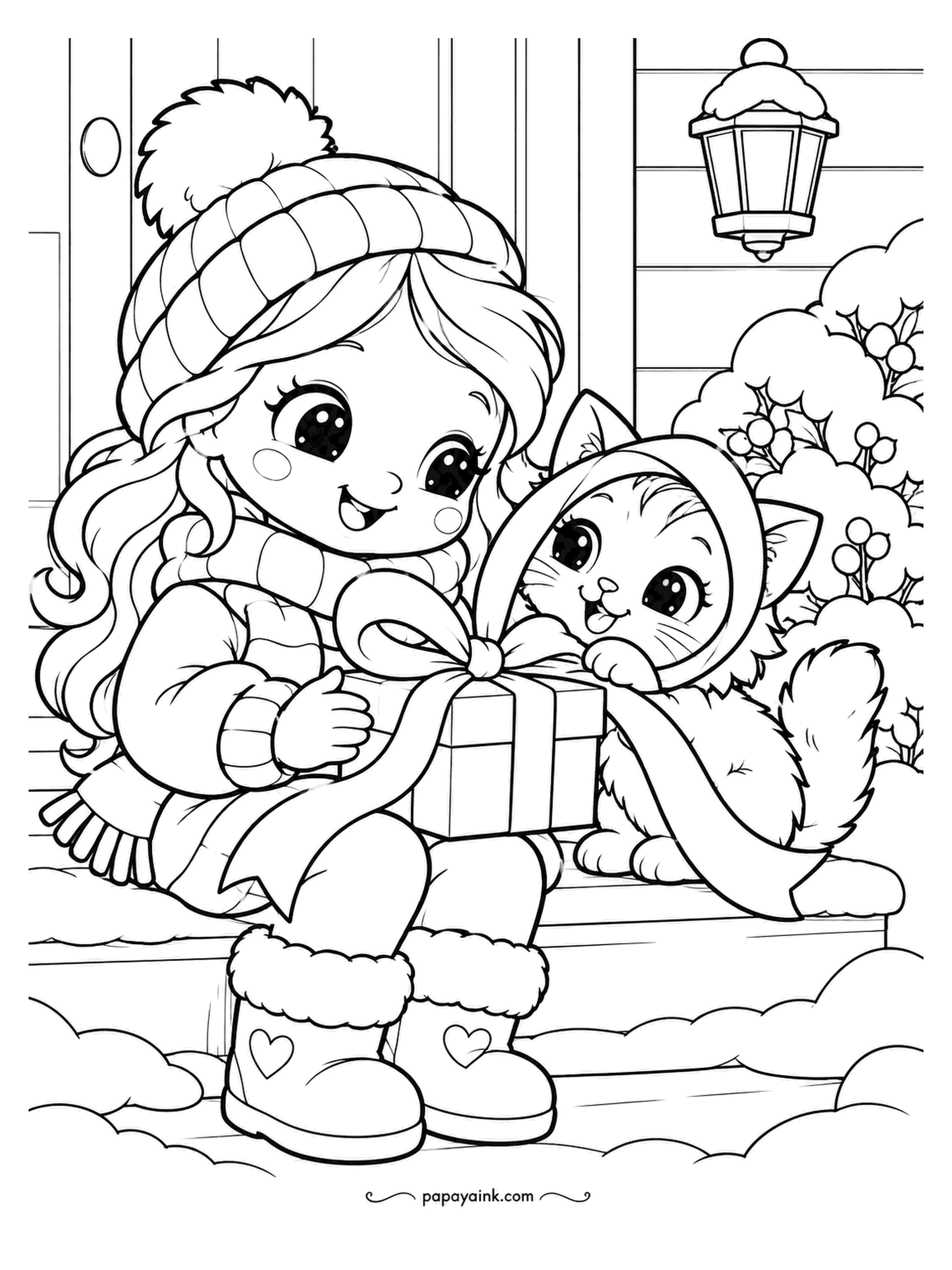 Cute Winter Coloring Pages - Porch steps, a parcel, and a kitten in a hood who has decided the ribbon end is hers. The girl has almost got the bow tied anyway. Holly bush behind, snow on the rail. Red ribbon, brown parcel, the hood in the kitten's color.