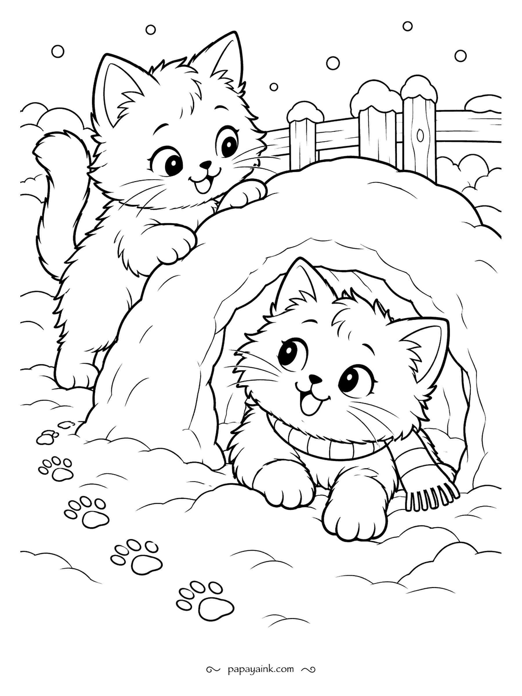 Free Printable Winter Coloring Pages - The snow cave took all afternoon to dig, and the kitten inside intends to stay. Its friend climbs over the roof to peek down, a row of paw prints trailing back to the fence. Light pressure on the mounds makes them look soft.