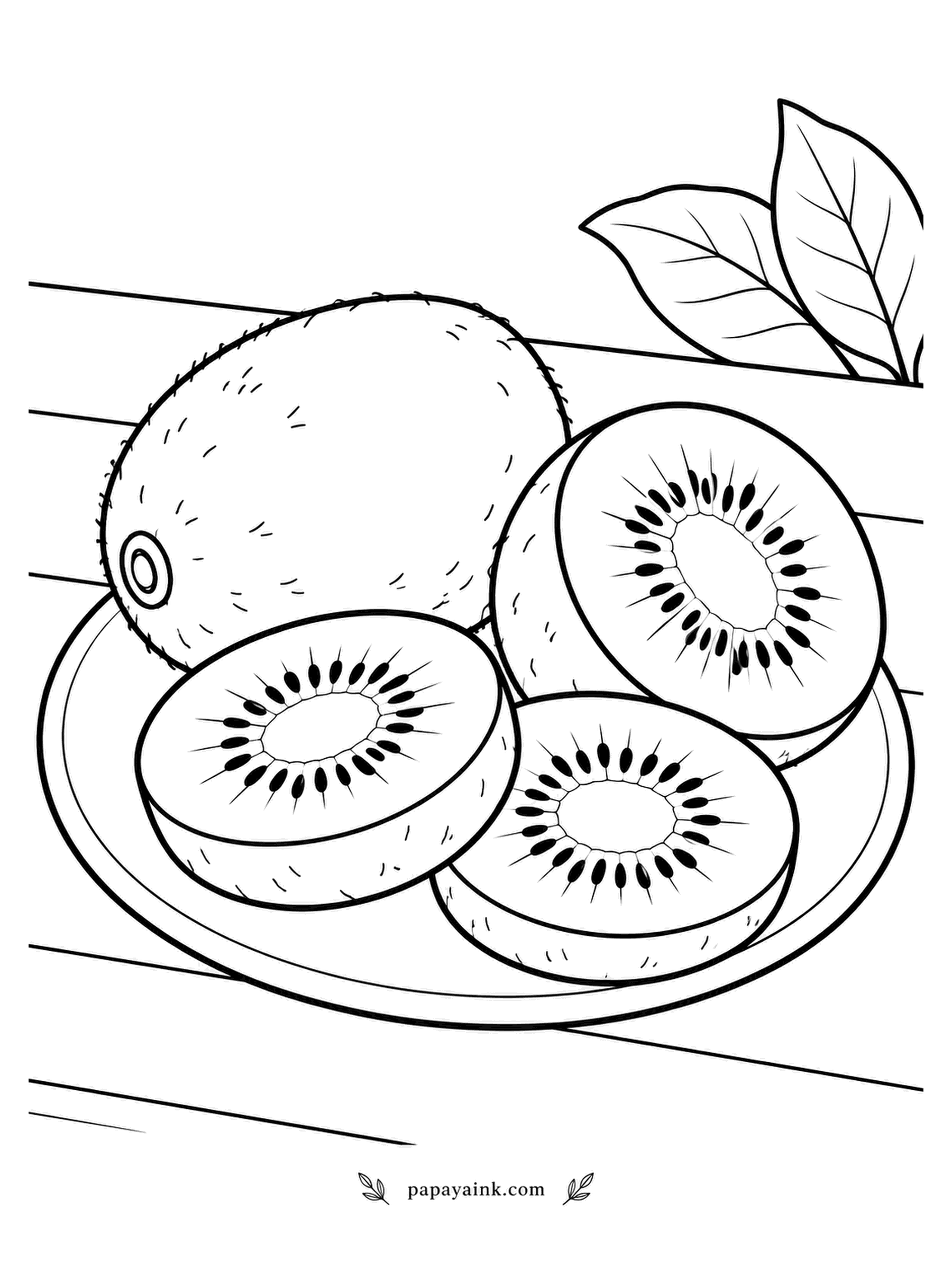 Fruit Coloring Pages - Kiwi fuzz is drawn as little dashes all over the skin, so a tan base with darker speckles does the job. Plate on a garden bench, one whole fruit, halves and slices with the seed ring. Bright green flesh, black seeds, white center.