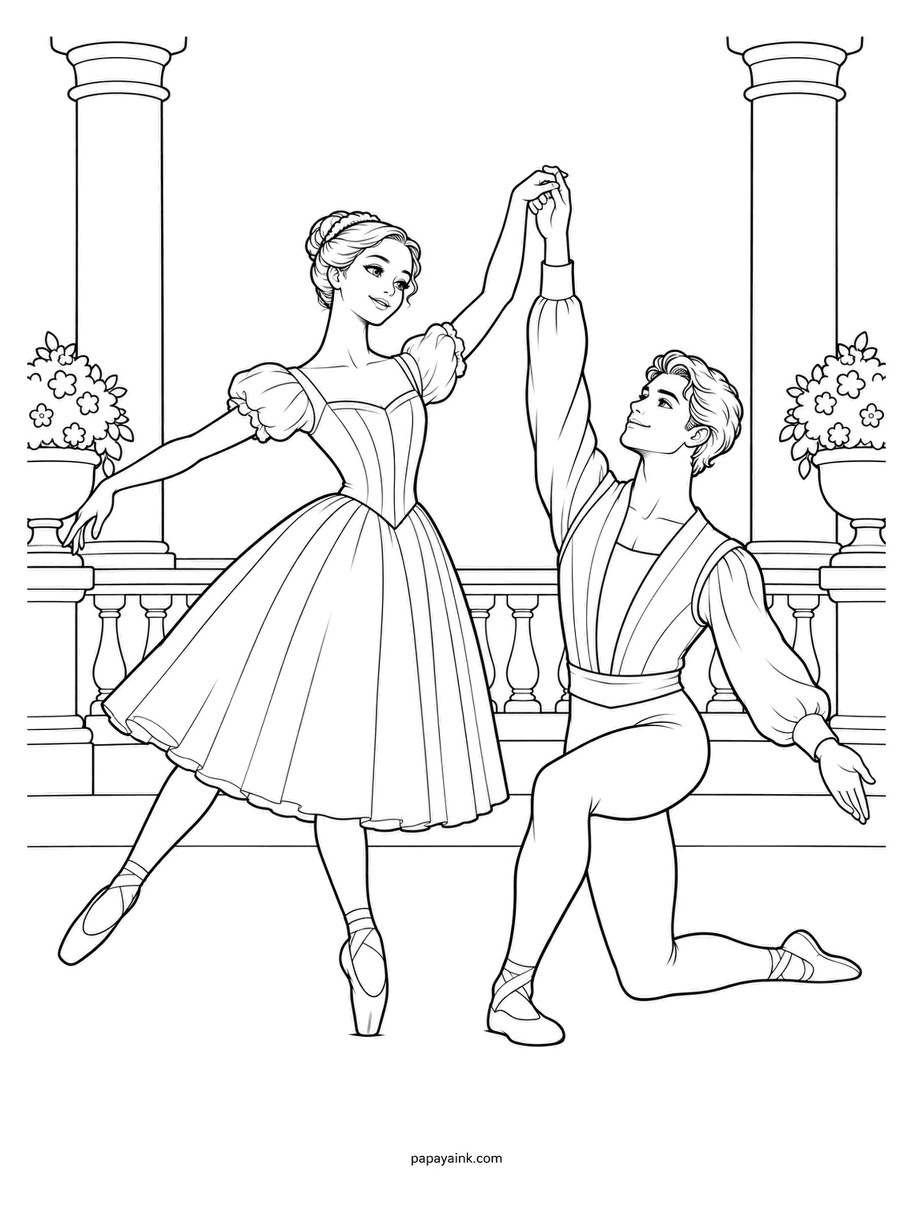 Ballerina Coloring Pages - Down on one knee, he raises her hand and sweeps the other one toward her, the old ballet way of saying look at her, not me. She answers with a low arabesque. Flowers crowd the urns on both sides.