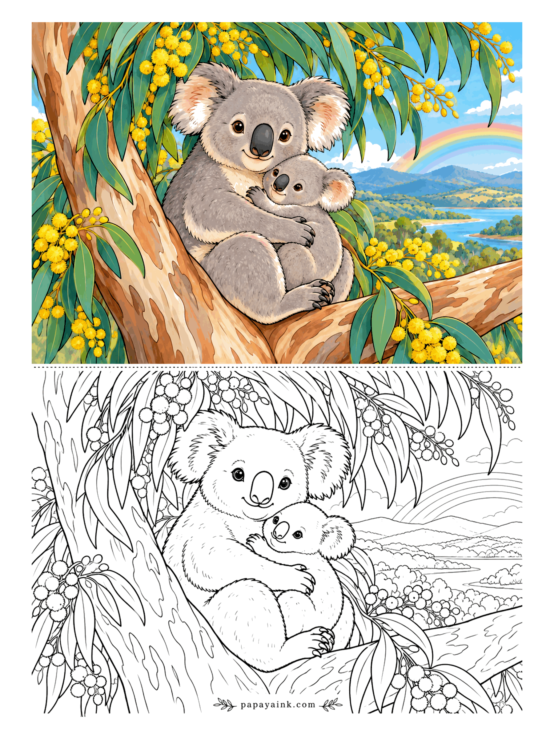 Koala Coloring Pages - Up in a eucalyptus, the koala holds her joey against her chest while golden wattle blooms all around and a rainbow stands over the hills. Grey fur, pink inside the ears, and a hundred little yellow puffs.