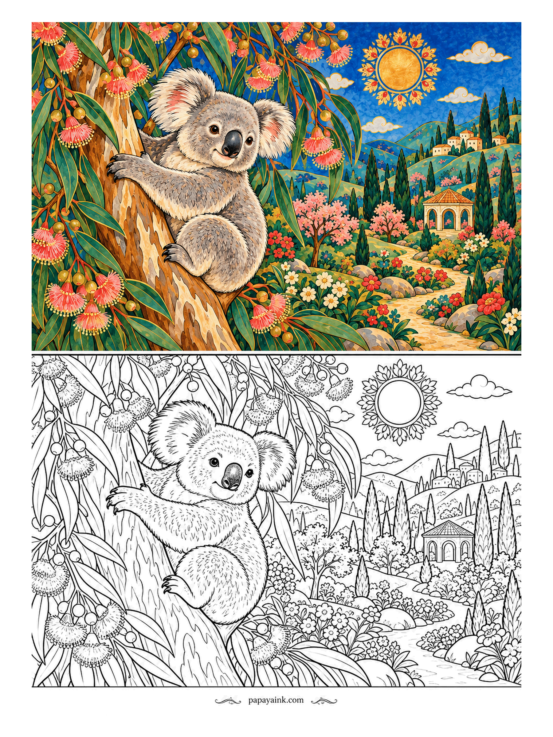 Koala Coloring Pages - Hugging the trunk of a flowering gum, a koala pauses among the fluffy blossoms to see who is coming up the path. A domed pavilion sits below. Gray fur wants soft shading, not solid color - short strokes, all running the same way.