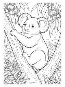 Koala Coloring Pages - This is the field-guide version: a koala hugging a eucalyptus trunk with both arms, fur drawn strand by strand, gum nuts and blossoms hanging in the corner. Gray body, white chest, and let the leaves carry all the color. Detailed.
