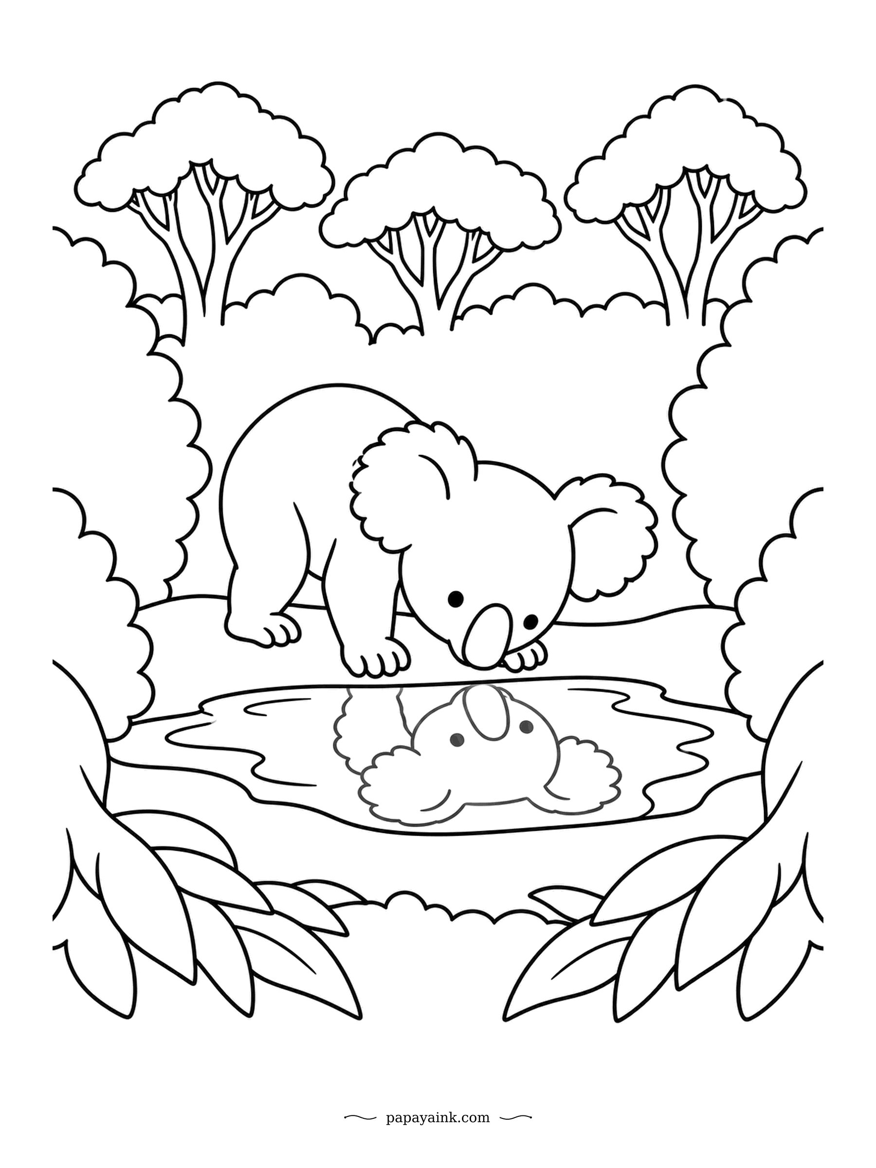 Koala Coloring Pages - Who is that in the puddle? The joey leans over the edge for a better look, and the koala in the water leans right back. Bushes and trees in soft rounded shapes, gentle for small hands.