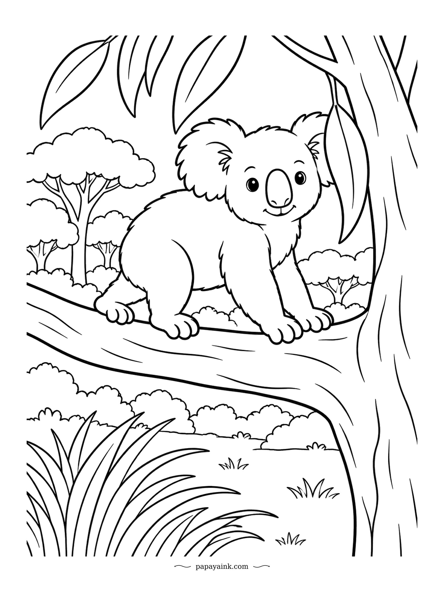 Koala Coloring Pages - Every branch has a gap somewhere between the leaves, and this joey has claimed the perfect lookout. It peers out at the woodland with the air of a small landlord. Big, friendly shapes and a grassy foreground.