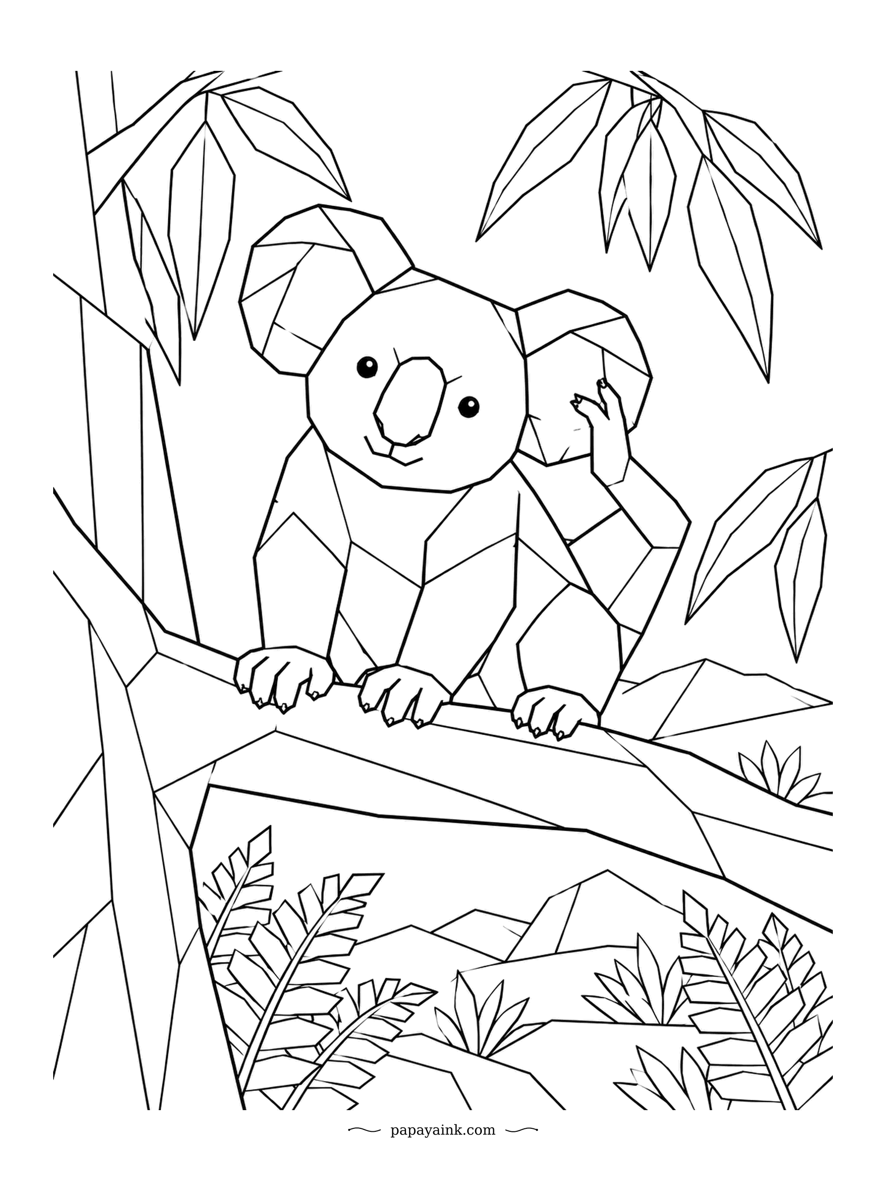 Koala Coloring Pages - Fur this thick gets itchy. The joey hooks one paw behind its ear for a good scratch and keeps the other three firmly on the branch. Faceted, low-poly lines - every plane can take its own shade of gray.