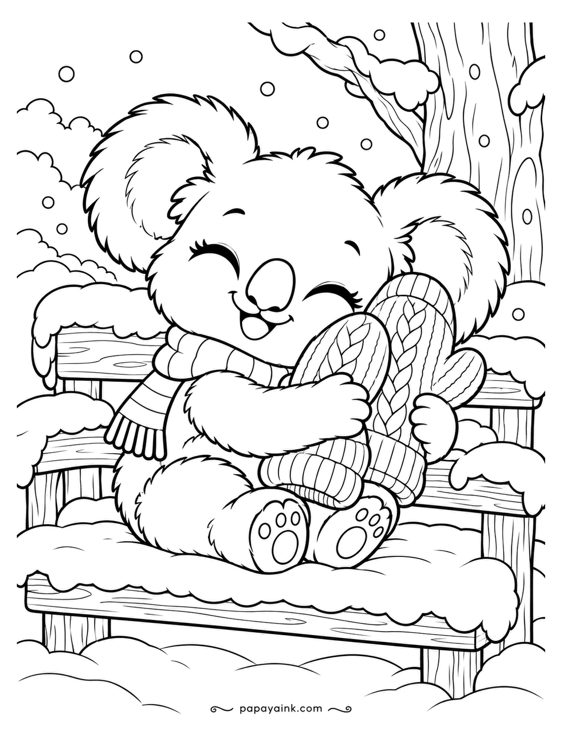 Cute Winter Coloring Pages - Mitten found, mitten hugged. The koala on a snowy bench has picked up a knitted mitten nearly as big as itself and is not giving it back. Snowflakes falling. Gray koala, bright mitten: two colors do the sheet.