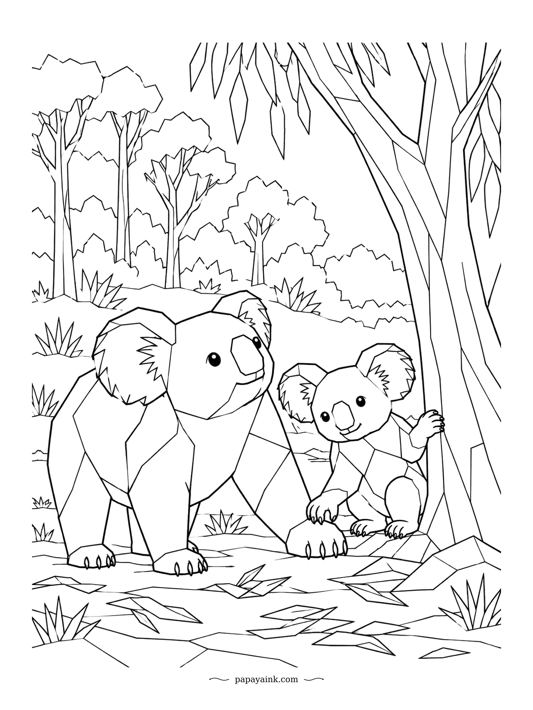 Koala Coloring Pages - Mother is back, and the joey leans down from the trunk to meet her. Low-poly lines turn both koalas, the trees and even the fallen leaves into crisp planes. Try three grays for each animal.