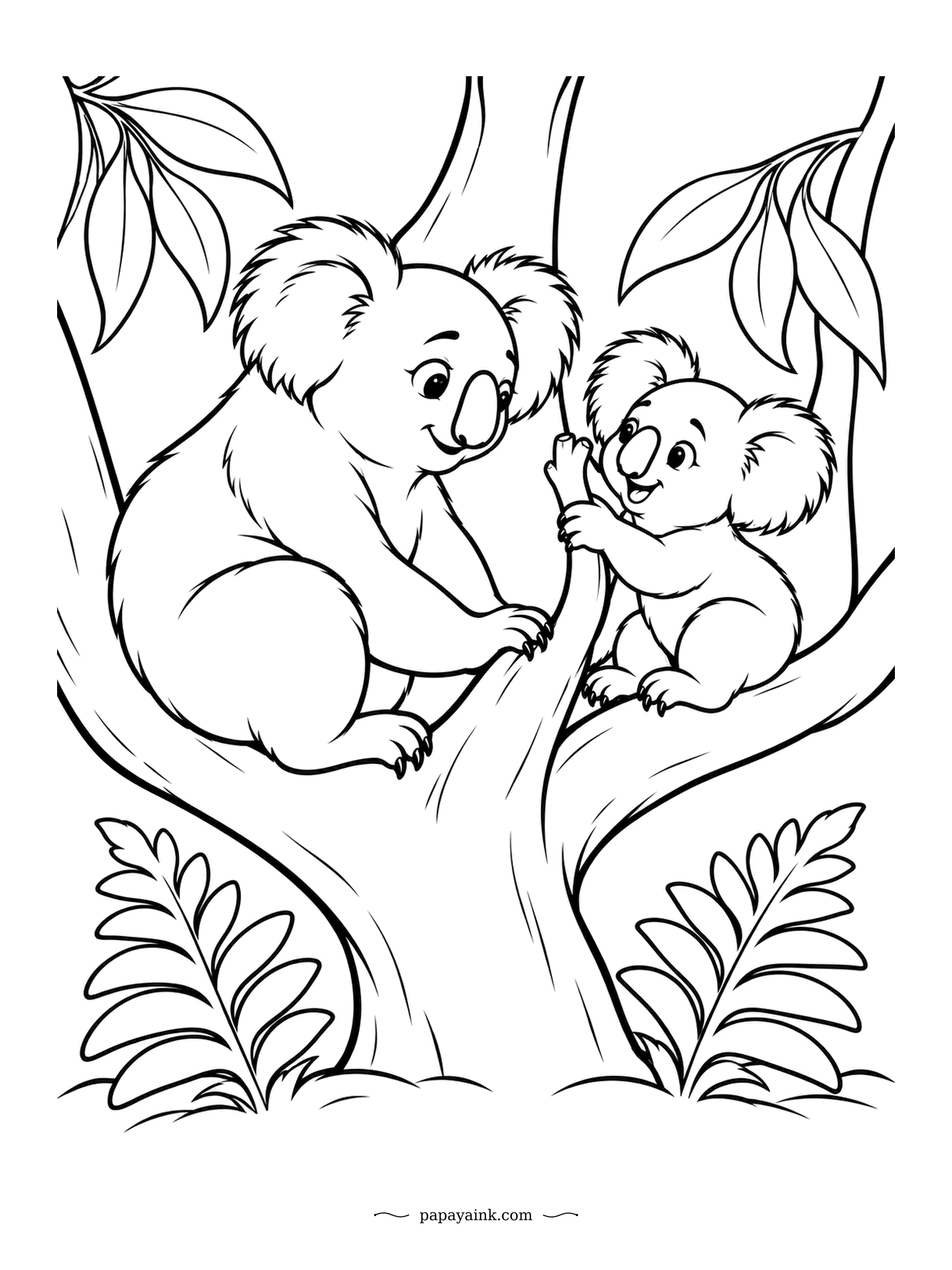 Koala Coloring Pages - Climbing practice. The joey reaches for the next fork while its mother stays close enough to help. Joeys ride on their mother's back for months before trying branches like this alone. Big, friendly outlines.