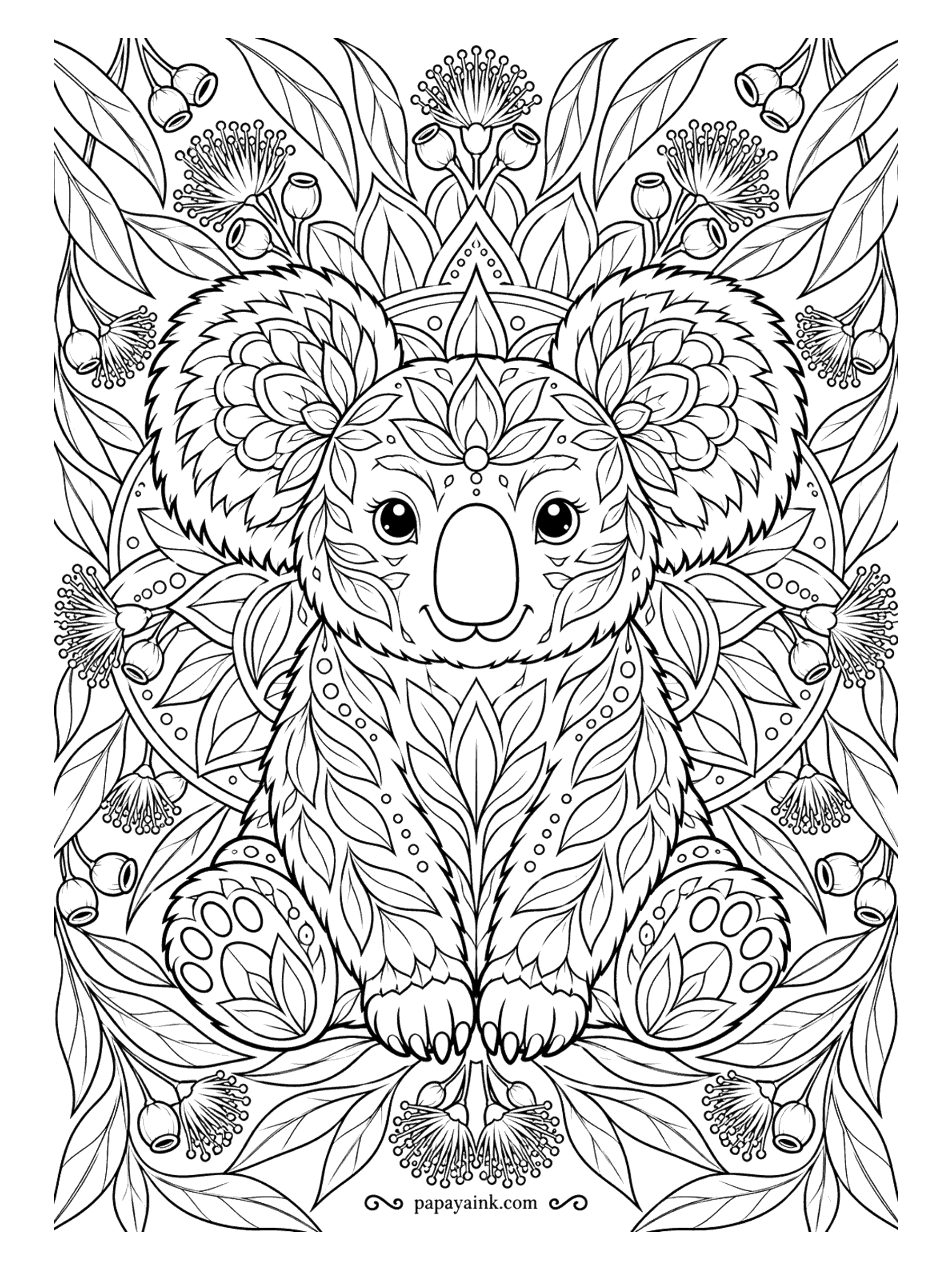 Koala Coloring Pages - The koala sits inside a ring of gum blossoms and eucalyptus leaves, its fur made of hundreds of tiny leaf shapes. Work from the center outward and change color every ring. Detailed.