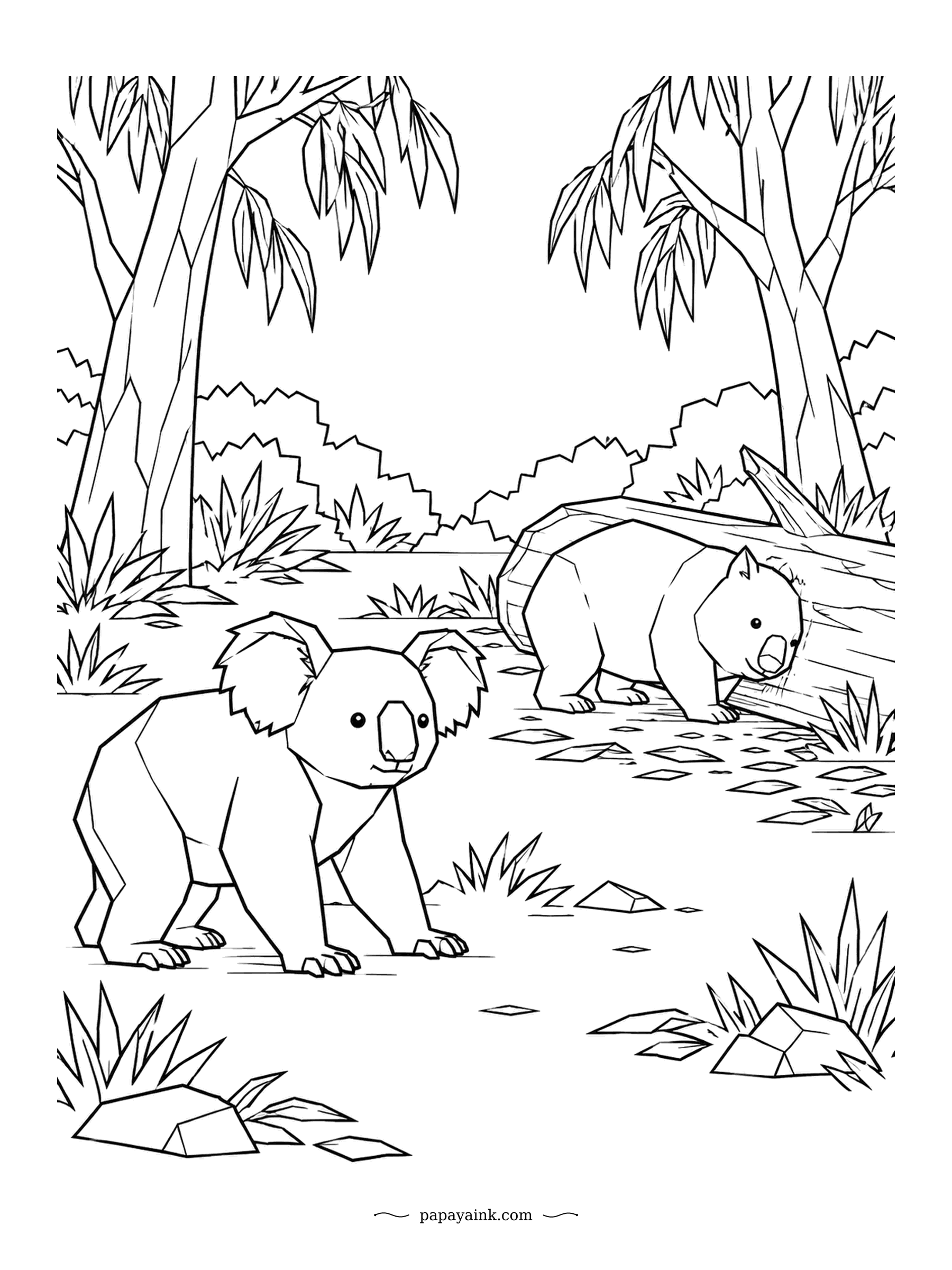 Koala Coloring Pages - A wombat pokes about by a fallen log while the koala strolls past. The two are cousins - the wombat is the koala's closest living relative. Low-poly trees and rocks give the scene a folded-paper look.