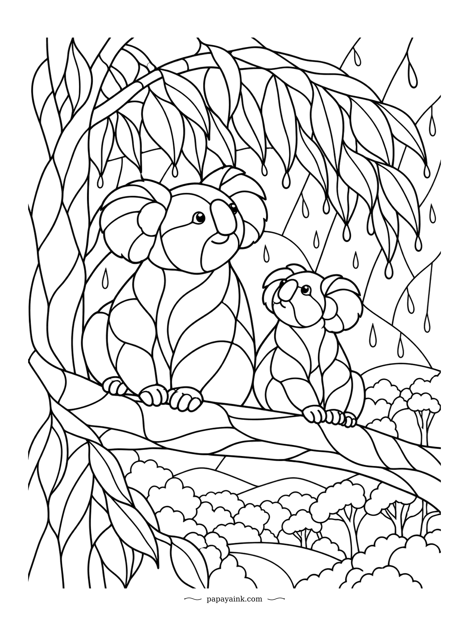 Koala Coloring Pages - Rain is falling, but the leaves overhead make a decent roof, and the mother koala and her joey sit tight underneath. Their thick fur sheds water a bit like a raincoat. The stained-glass style turns even the raindrops into little cells to fill.