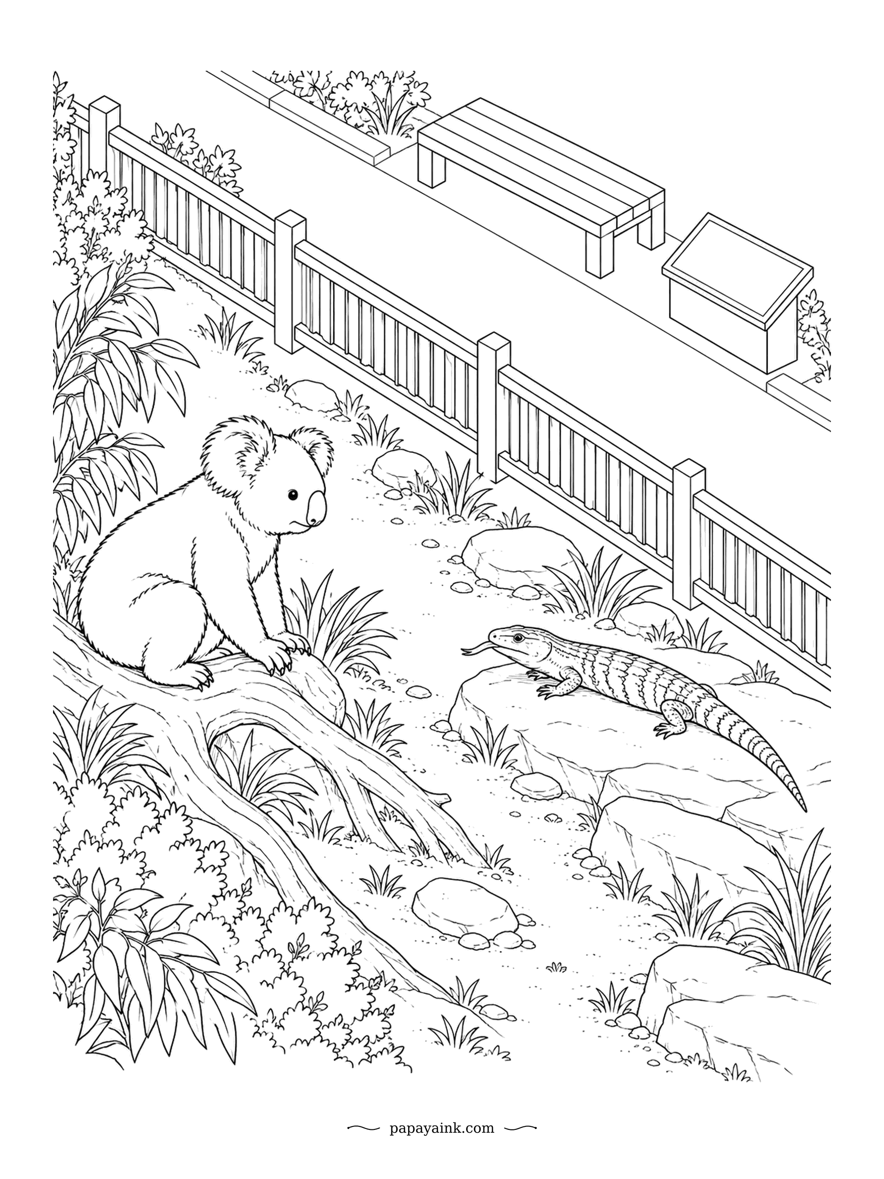 Koala Coloring Pages - That lizard is a blue-tongued skink, and its famous tongue is a bluff it flashes when startled. The koala on the log watches from a safe distance as it basks on a rock. Isometric railings, bench and sign along the top.