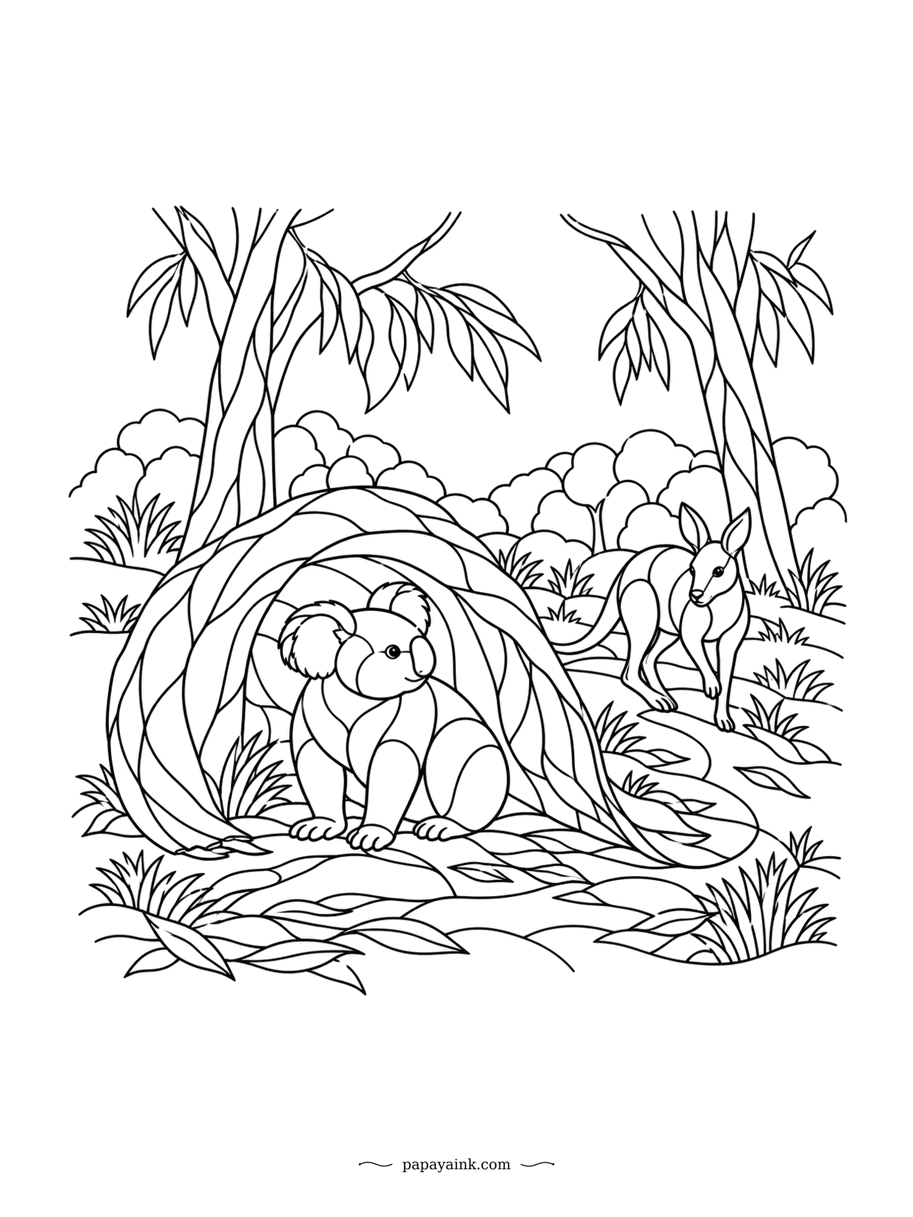 Koala Coloring Pages - A wallaby circles the bark arch, curious about the koala sitting inside it. Wallabies belong to the same family as kangaroos, only smaller, and they are every bit as nosy. Stained-glass pieces in the arch and the ground.