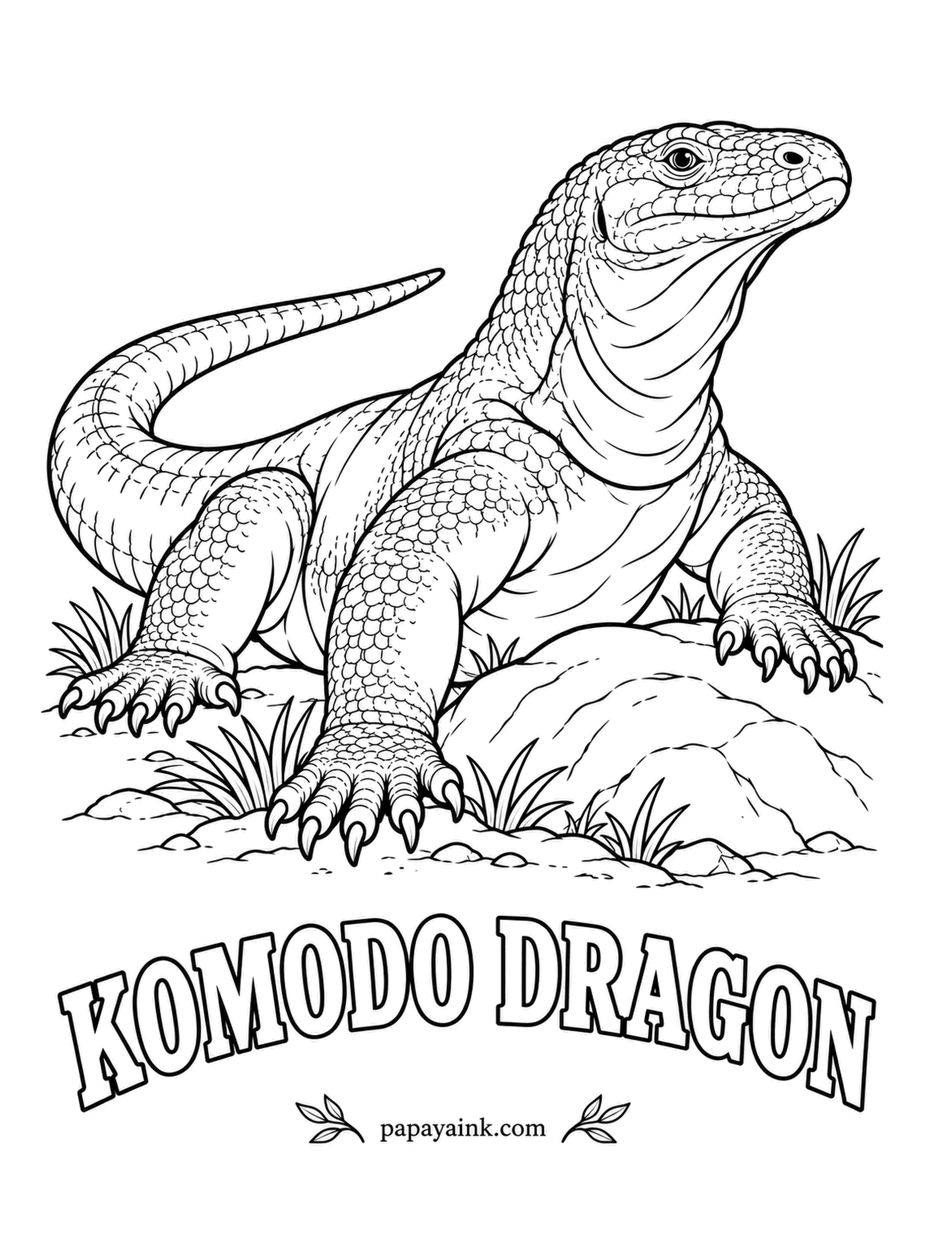 Reptile Coloring Pages - The largest lizard alive, up to ten feet long, found on only a few Indonesian islands. A Komodo dragon tastes the air with a forked yellow tongue, tucked away here. Earthy gray and brown, lighter in the folds of the neck.