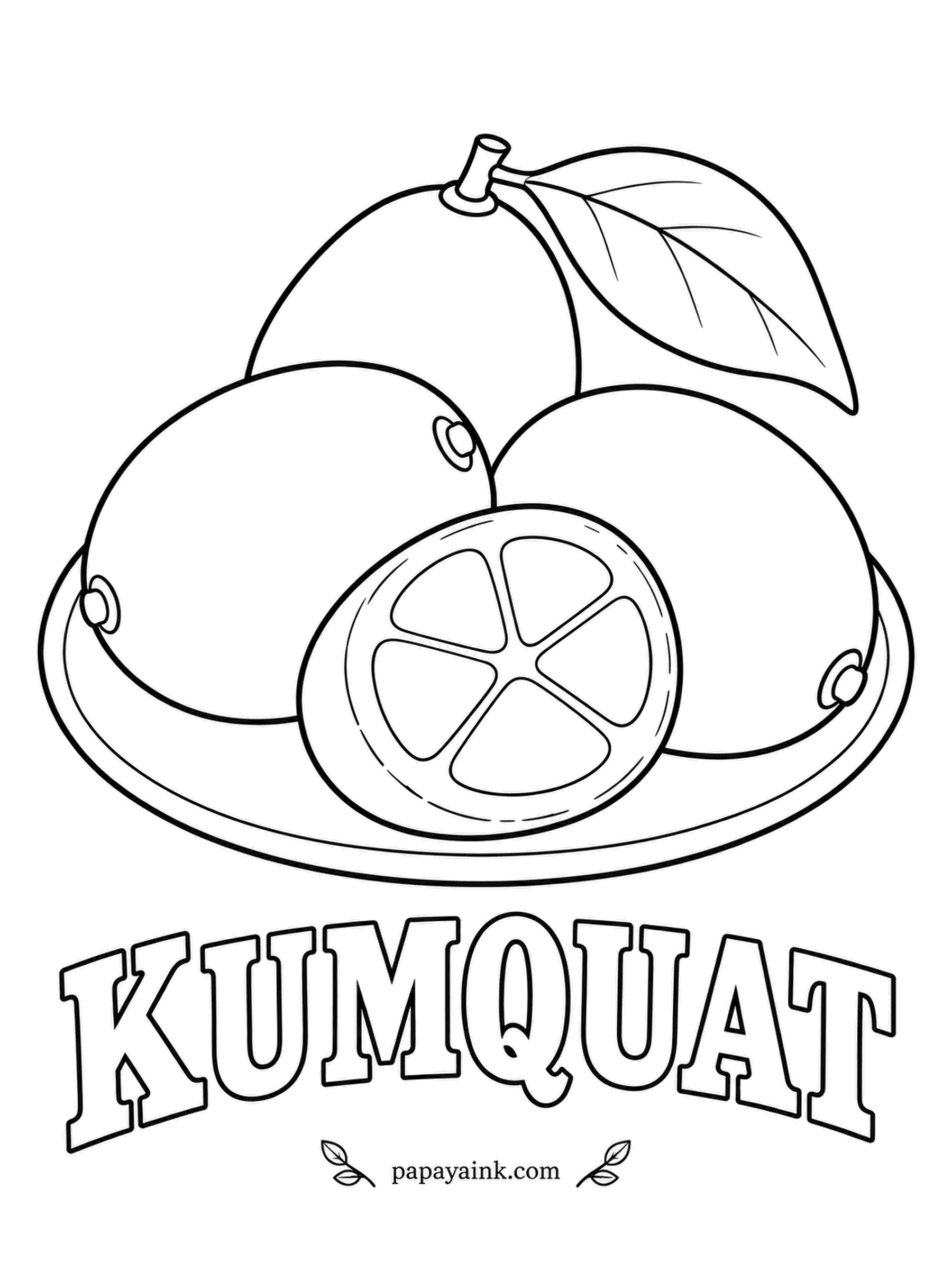 Printable Fruit Coloring Pages - Kumquats are citrus you eat whole, peel and all, drawn large here but in life no bigger than a large grape. Bright orange peel, a paler inside, and the leaf stays a deep glossy green.