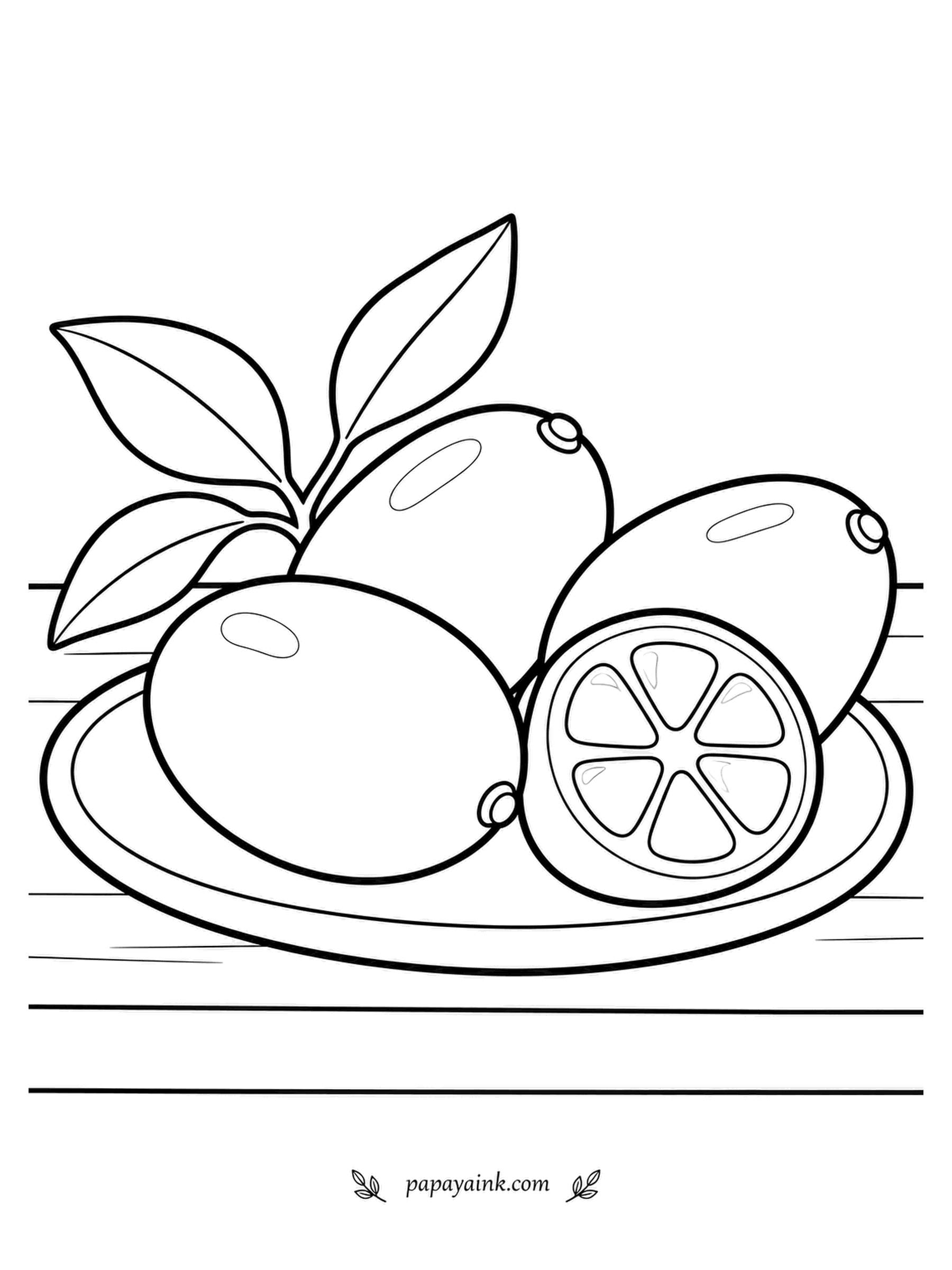 Fruit Coloring Pages - Eat a kumquat whole: the peel is the sweet part and the pulp is sour, the opposite of every other citrus. Four of them on a plate, one cut open, leaves at the back. Bright orange all over, even the rind.