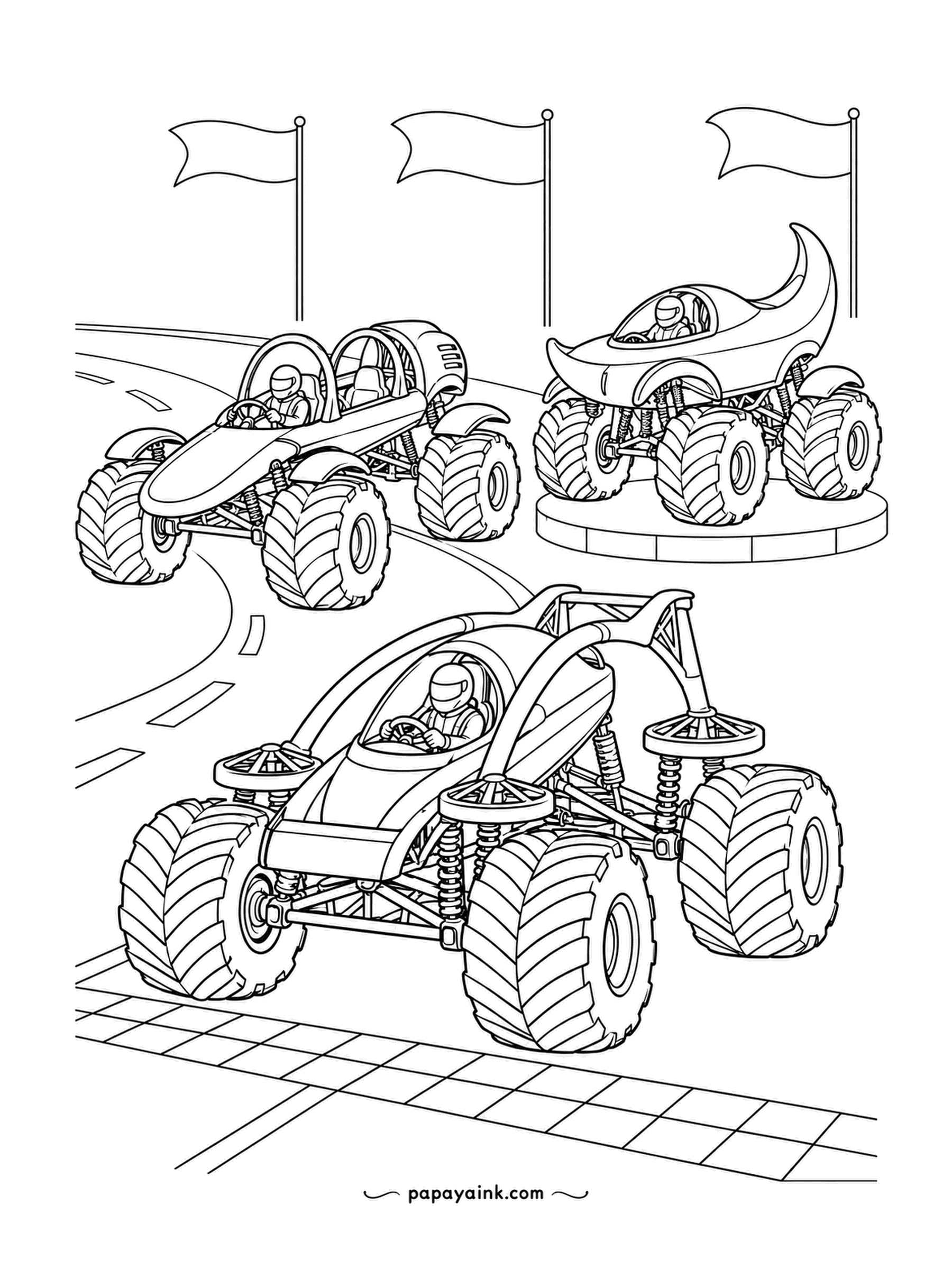 Monster Truck Coloring Pages - Festival finish with flags on three poles: the ladder-arc runner at the front, a teardrop racer on a podium, a fin-backed truck crossing the line. Checkered strip underneath. Detailed.