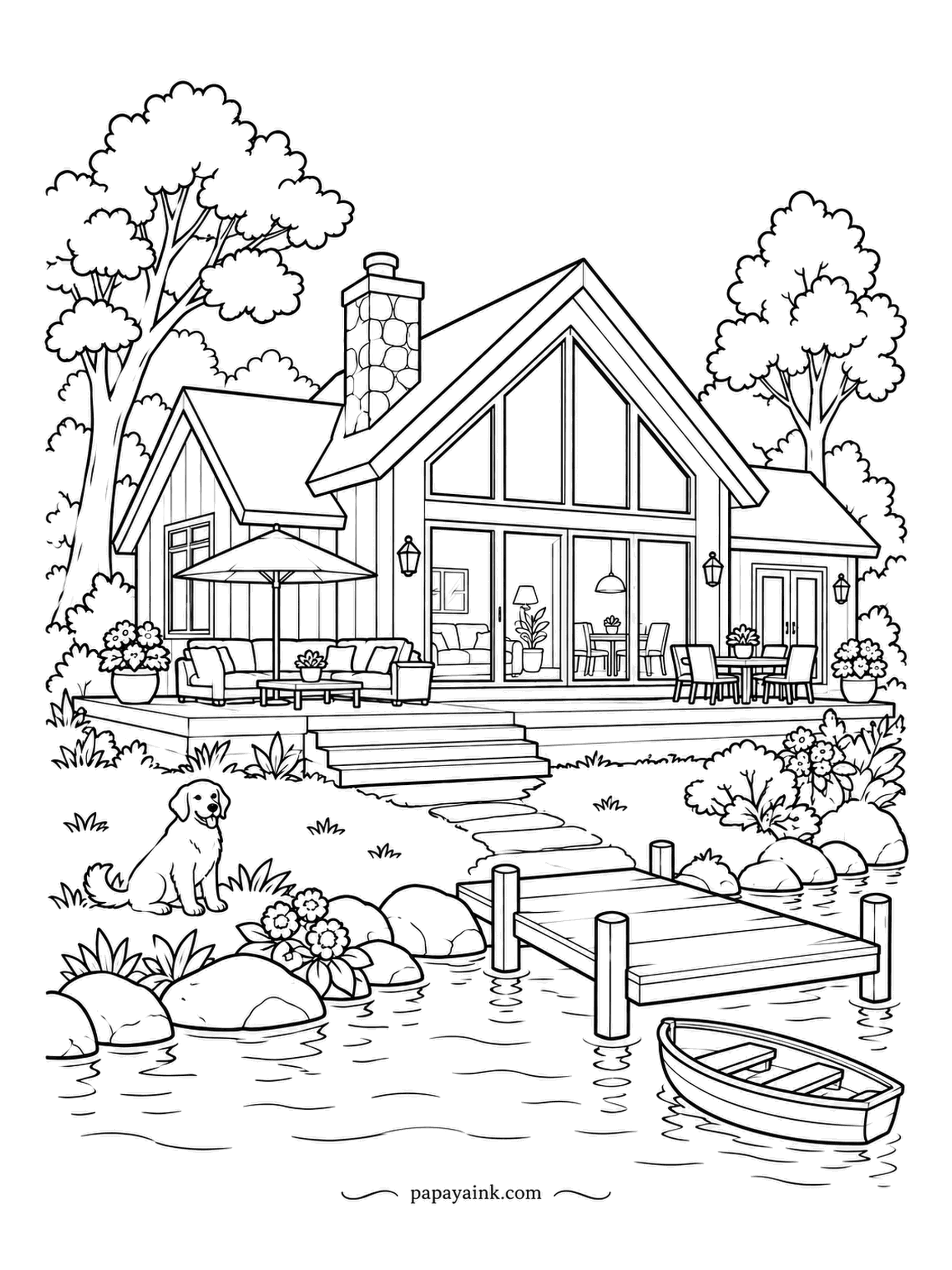 House Coloring Pages - A lake house with a full wall of glass under the gable, a deck with an umbrella, a dock, a rowboat and a retriever on the shore. Water, trees and glass all reflect each other - use the same blue-green in all three. Detailed.