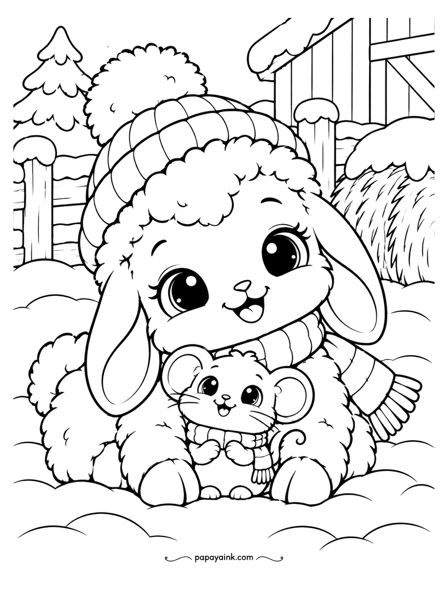 Kawaii Winter Coloring Pages - Lamb ears droop for a reason. Under one of them, a mouse in a striped scarf has found the warmest nook on the farm and plans to winter there. The barn and the haystack behind can go in warm browns.