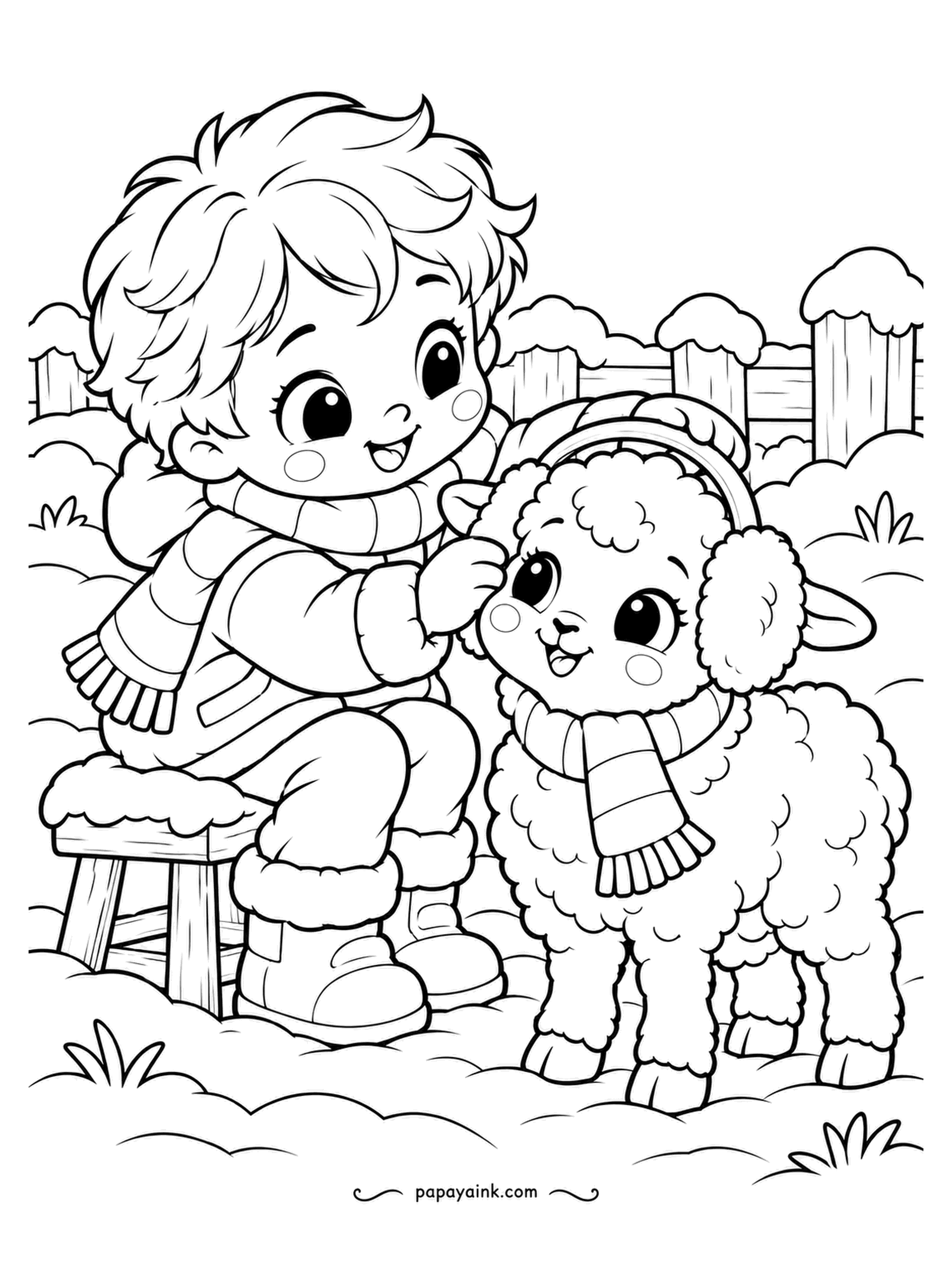 Cute Winter Coloring Pages - Earmuffs for the lamb, fitted carefully by the boy on the stool, and she seems to like them. Picket fence and a patch of grass behind. White wool and a bright pair of earmuffs; the boy's coat gets the rest.