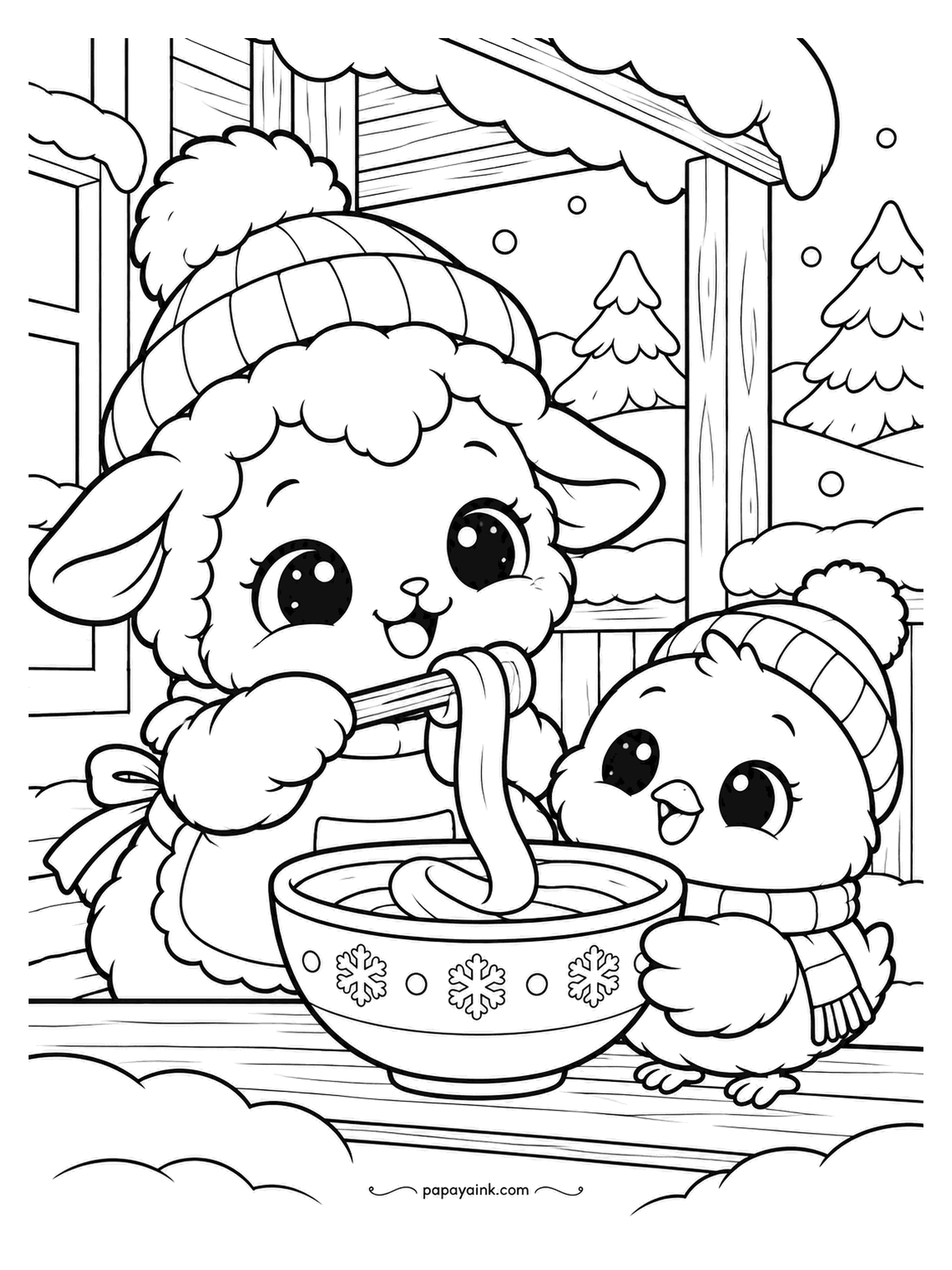 Kawaii Winter Coloring Pages - Noodles on the porch in winter, eaten with chopsticks by a lamb who has clearly practiced. The chick holds the bowl steady and hopes for a share. Snowflakes on the bowl in blue, the broth in warm gold.