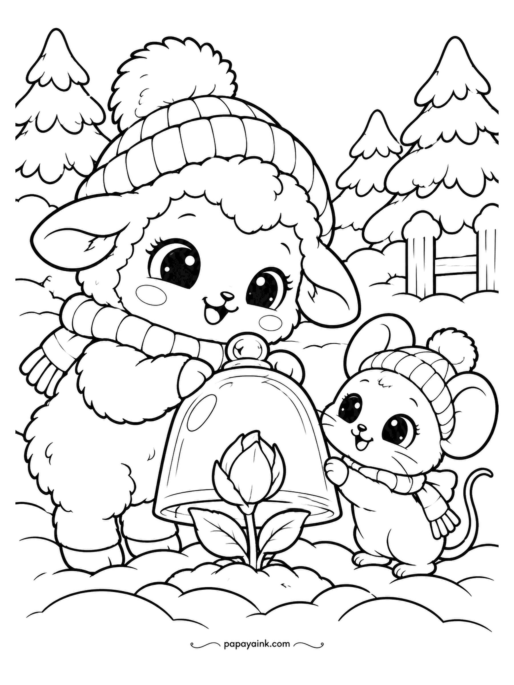Kawaii Winter Coloring Pages - A glass bell goes over the rosebud before the frost does. The lamb lowers it, the mouse checks the fit, and the rose keeps its own counsel. Leave the glass as outline only, with one curved highlight.