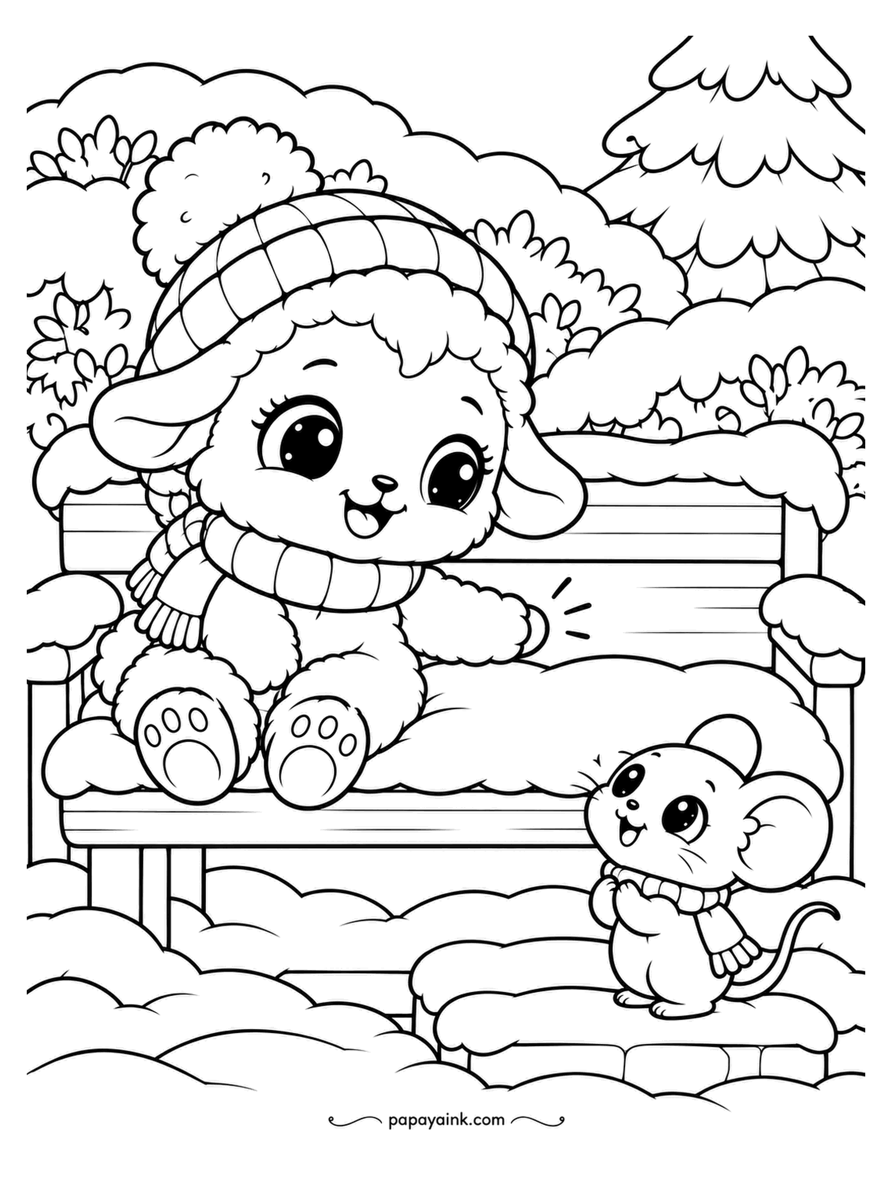 Kawaii Winter Coloring Pages - The lamb pats the bench beside her, and the mouse climbs the snow step to accept. It is a long climb for a short seat. Wood tones on the bench; the snow on it stays untouched.