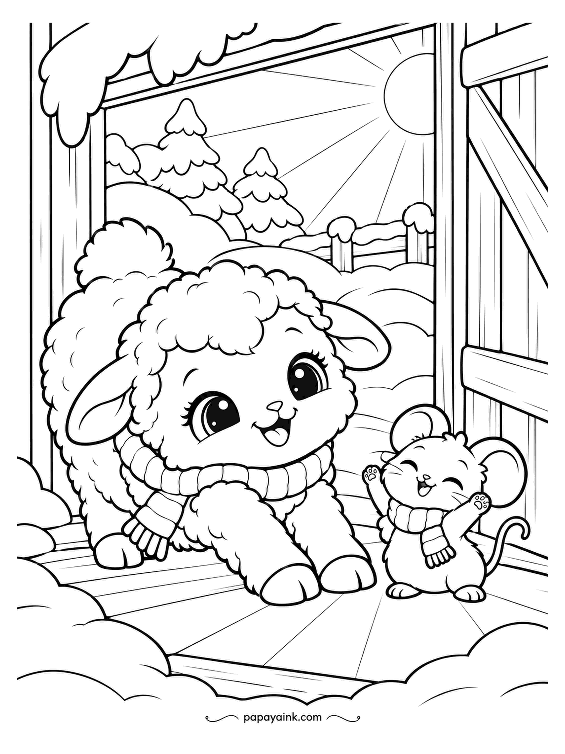 Kawaii Winter Coloring Pages - Sun through the barn door, straight onto the floor, and a lamb has walked into the warm square as if it were a bath. The mouse cheers from the edge. Yellow on the beam, fading to nothing at the edges.