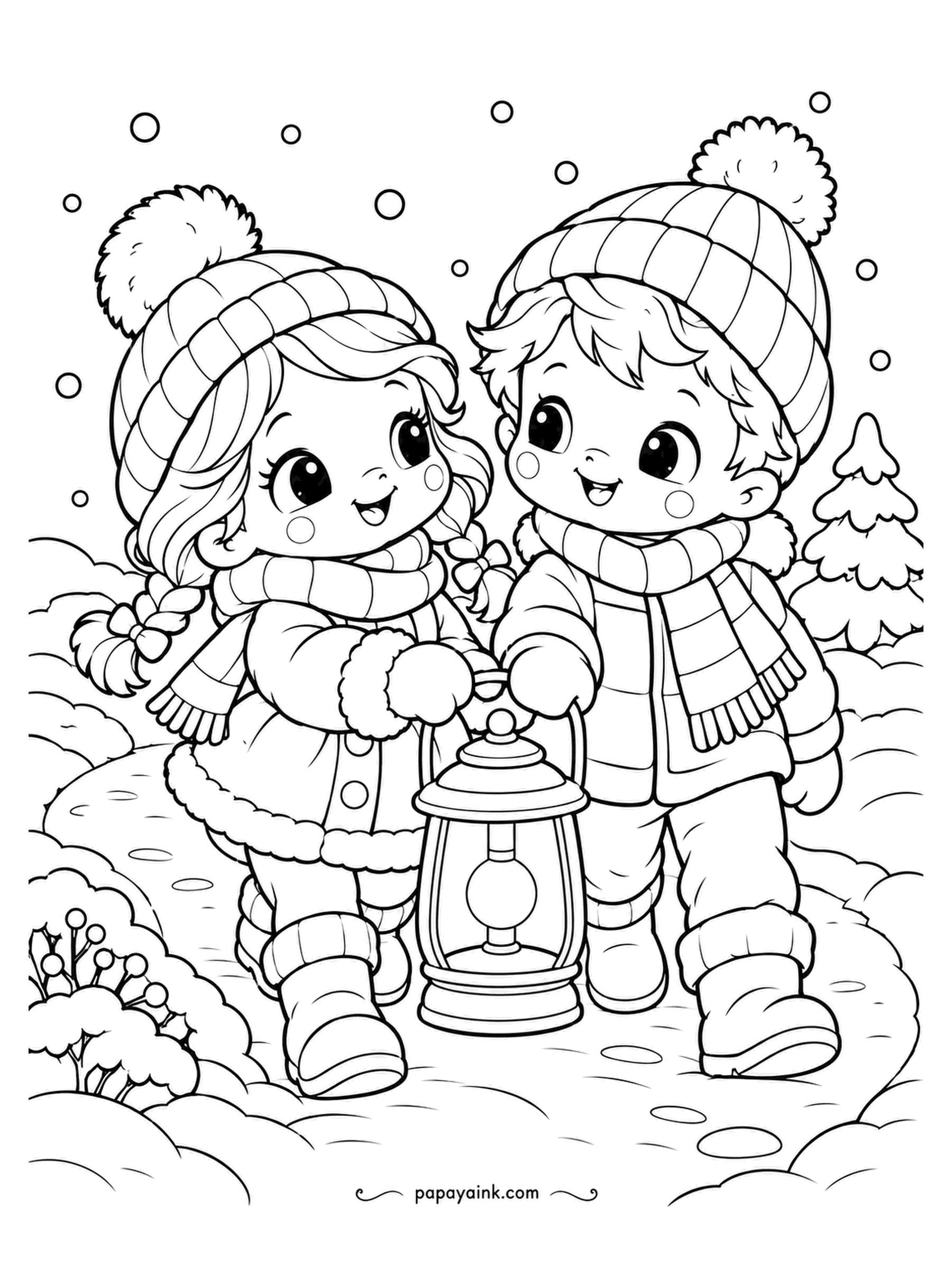 Cute Winter Coloring Pages - Lantern trail at dusk: a girl and a boy in knitted hats carry one lantern between them down a snowy path with flakes coming down. Warm yellow in the lantern glass will do more than any other color on the page.