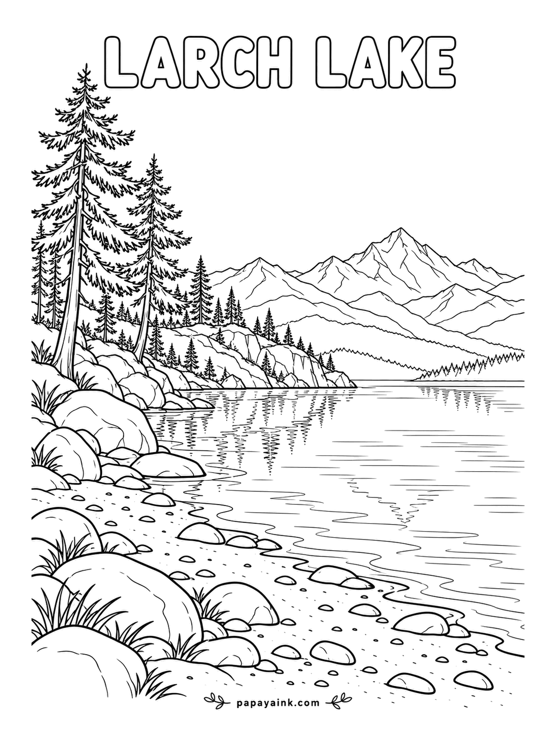 Beach Coloring Pages - Larch Lake: a stand of larches on the shore of a still mountain lake, snow peaks reflected in the water and cobbles at the near edge. Larches go gold in fall, not green - the one conifer that allows October tones on a lakeshore.