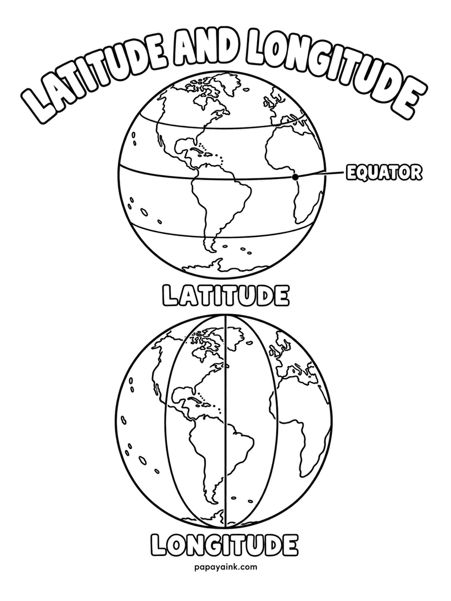 Earth Coloring Pages - Latitude lines run side to side with the equator in the middle; longitude lines run pole to pole and bunch up at each end. Two globes, one grid. Press harder on the equator and the central meridian so the two directions read at a glance.