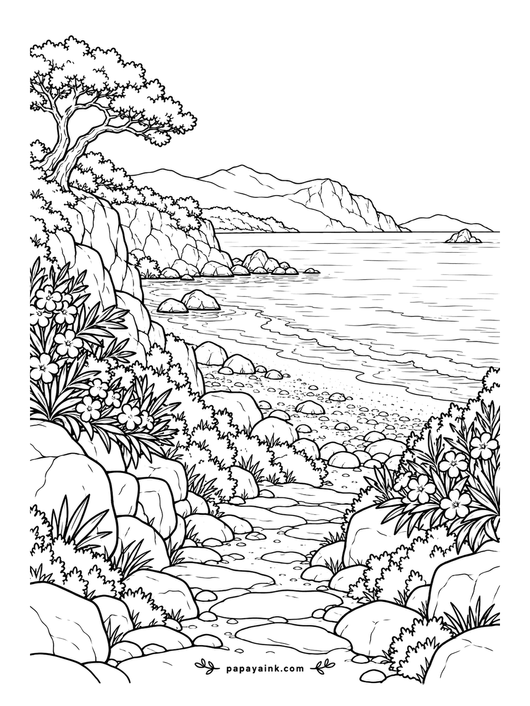 Beach Coloring Pages - Flowering shrubs and a gnarled tree lean out from a cliff edge over a small cove, with a long coastline fading out behind. Purple blooms against light blue water is the obvious choice. Detailed - every bush has its own leaf shape.