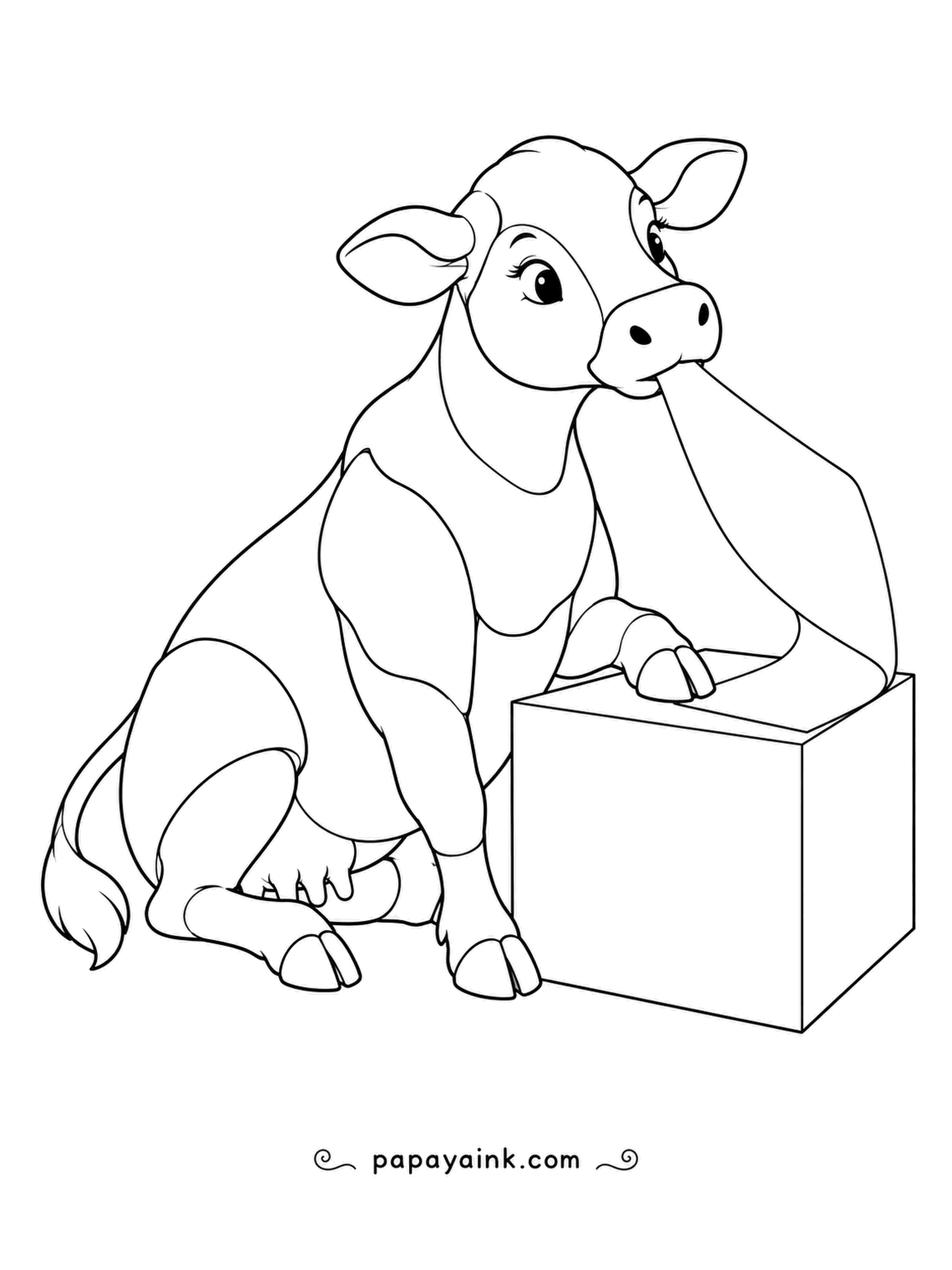 Cow Coloring Pages - Label removal in one satisfying strip: the sticker comes off the crate in a long curl, pulled by a very patient animal. Double contours and smooth curves.