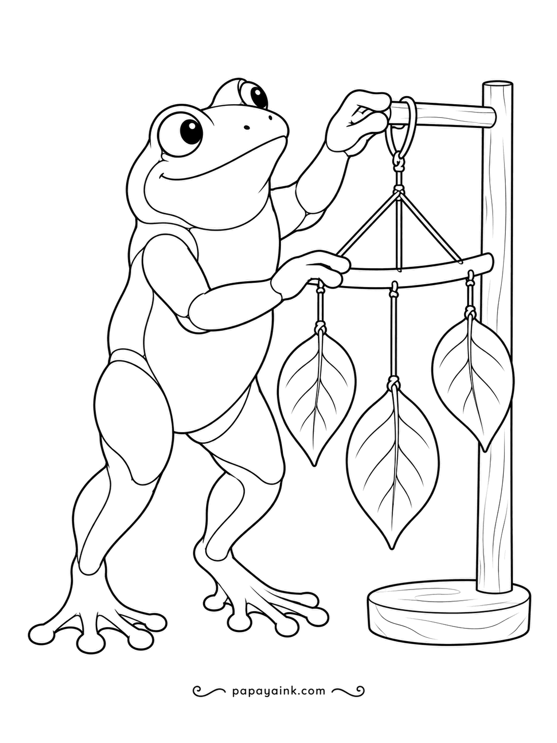 Frog Coloring Pages - Three leaf shapes hang on knotted strings from a crossbar, and the mobile gets hooked onto its stand. Double contours throughout - try autumn tones for the foliage.